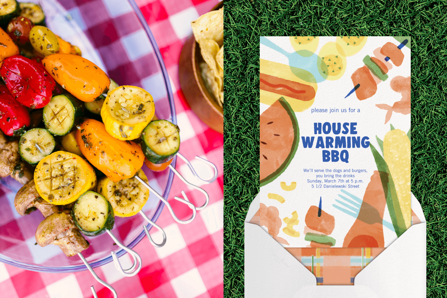 Grilled vegetable skewers sitting on a serving platter on top of a red gingham table cloth; An invitation for a BBQ-themed housewarming party featuring hot dog, watermelon, skewer, corn, and deviled egg illustrations on a grass background.