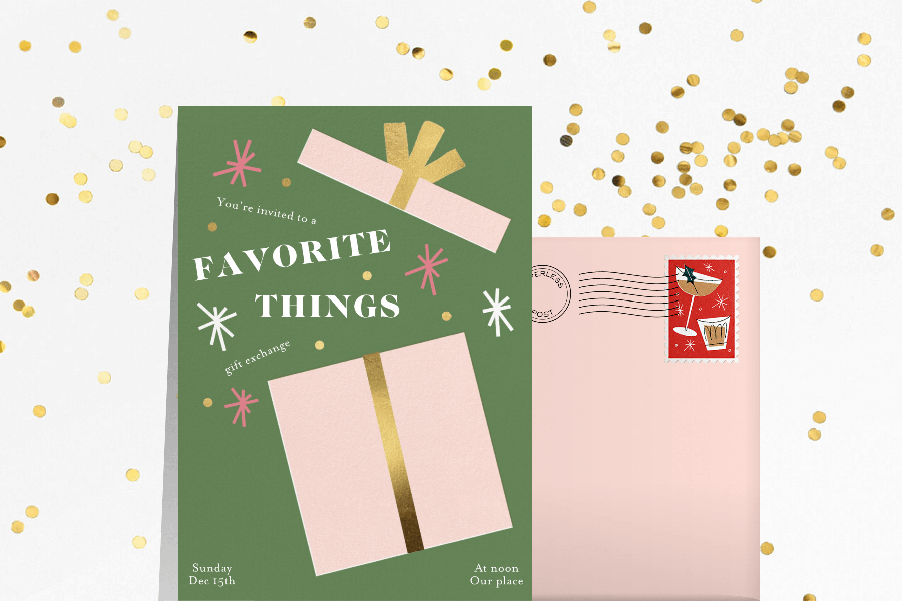 A green gift exchange invitation featuring a pink present paired with a pink envelope and red postage stamp with gold cocktails, over a white backdrop with gold confetti.