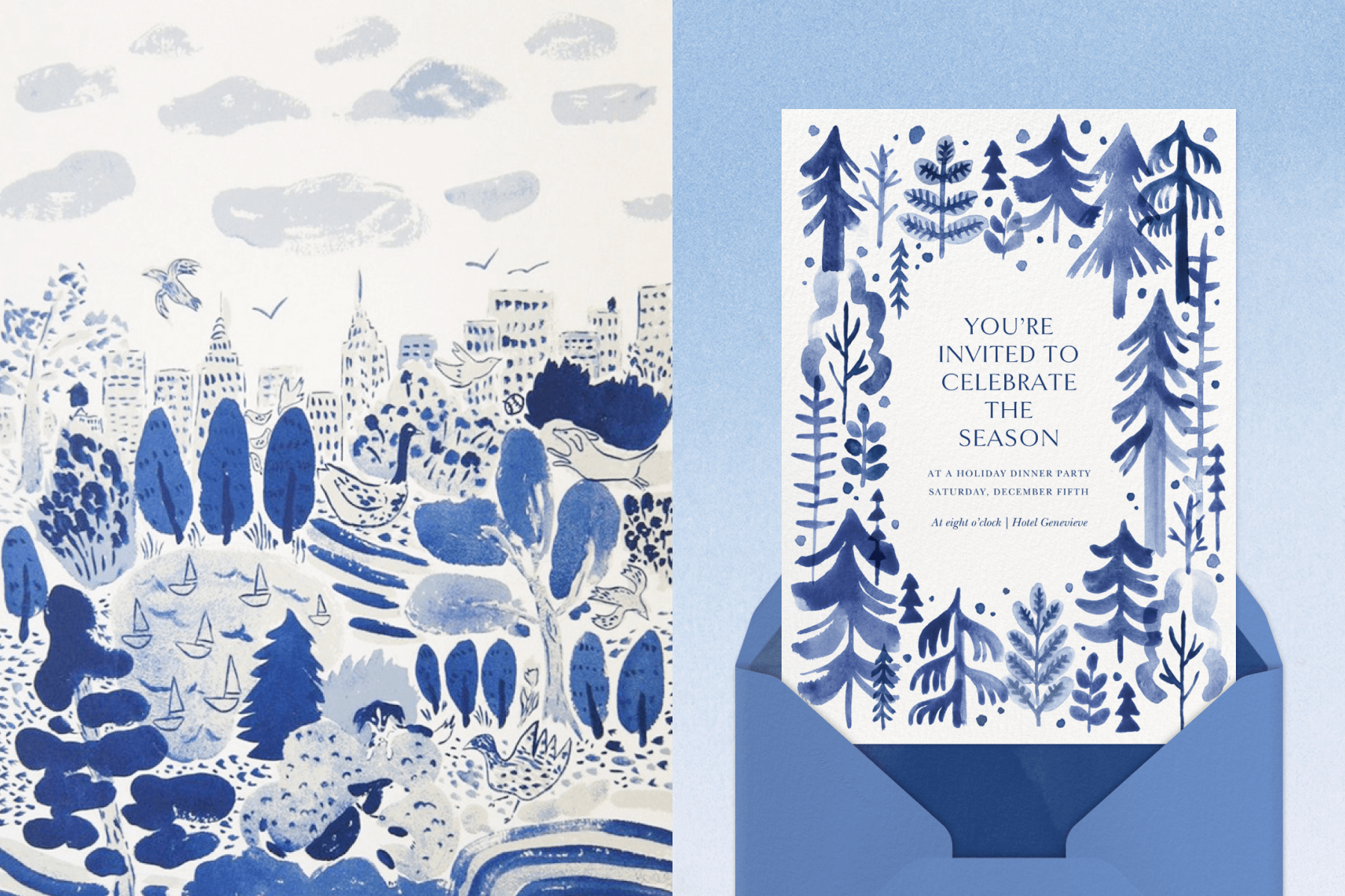 LEFT: A whimsical blue watercolor painting of Central Park with the New York City skyline behind it and clouds in the sky. RIGHT: A white holiday card with blue watercolor paintings around the border of evergreen trees.