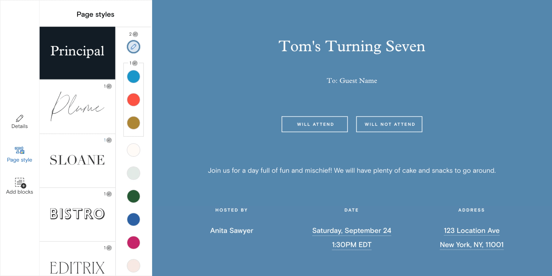 An Event Page in the process of being edited, with multiple Page Style options shown.