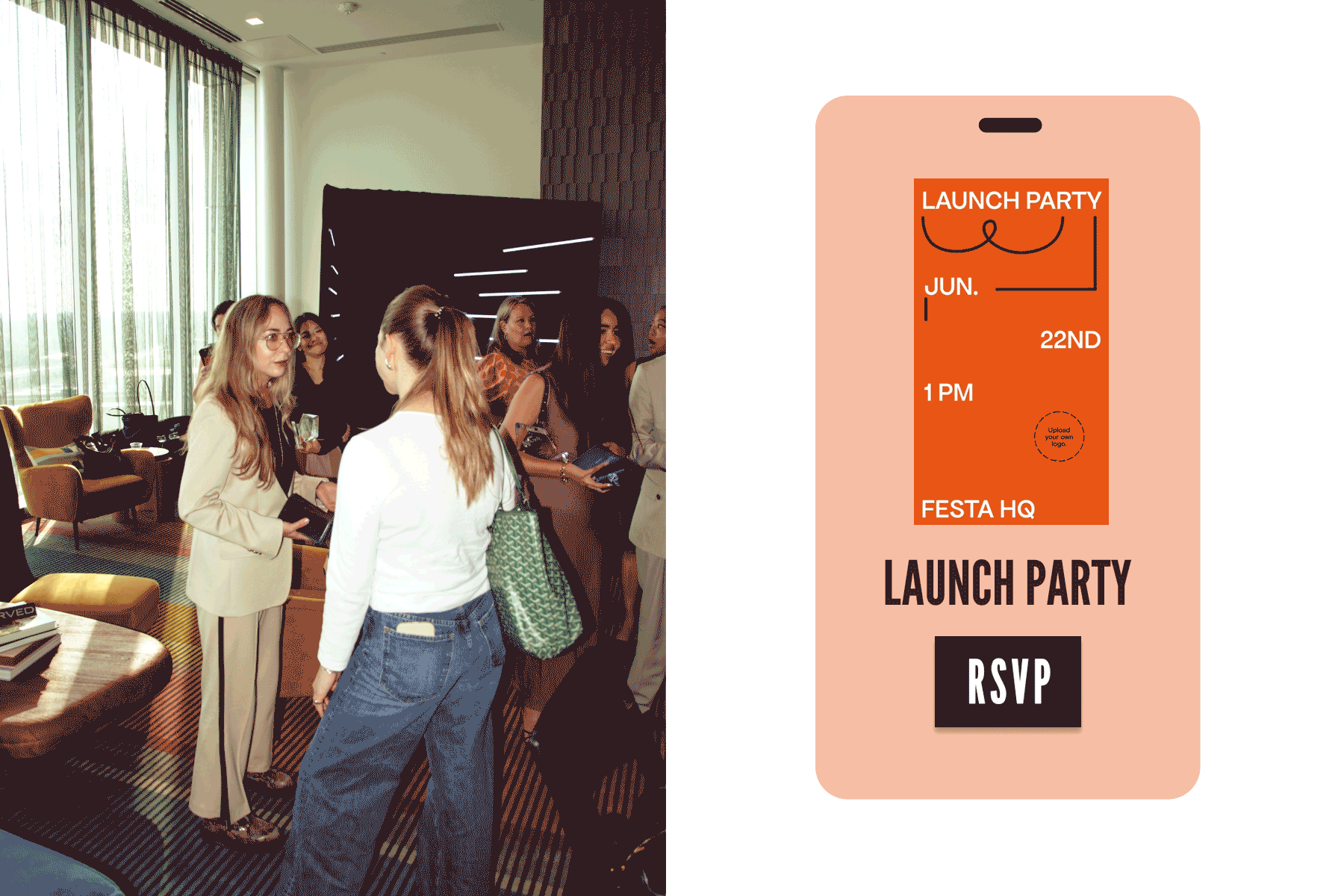 LEFT: A group of people wearing professional clothing network in a room with large windows, yellow furniture, and a patterned floor. RIGHT: On a mobile device, an orange Flyer event page with the words ‘Launch Party’ and abstract art sits on a peach-colored backdrop above an RSVP button.