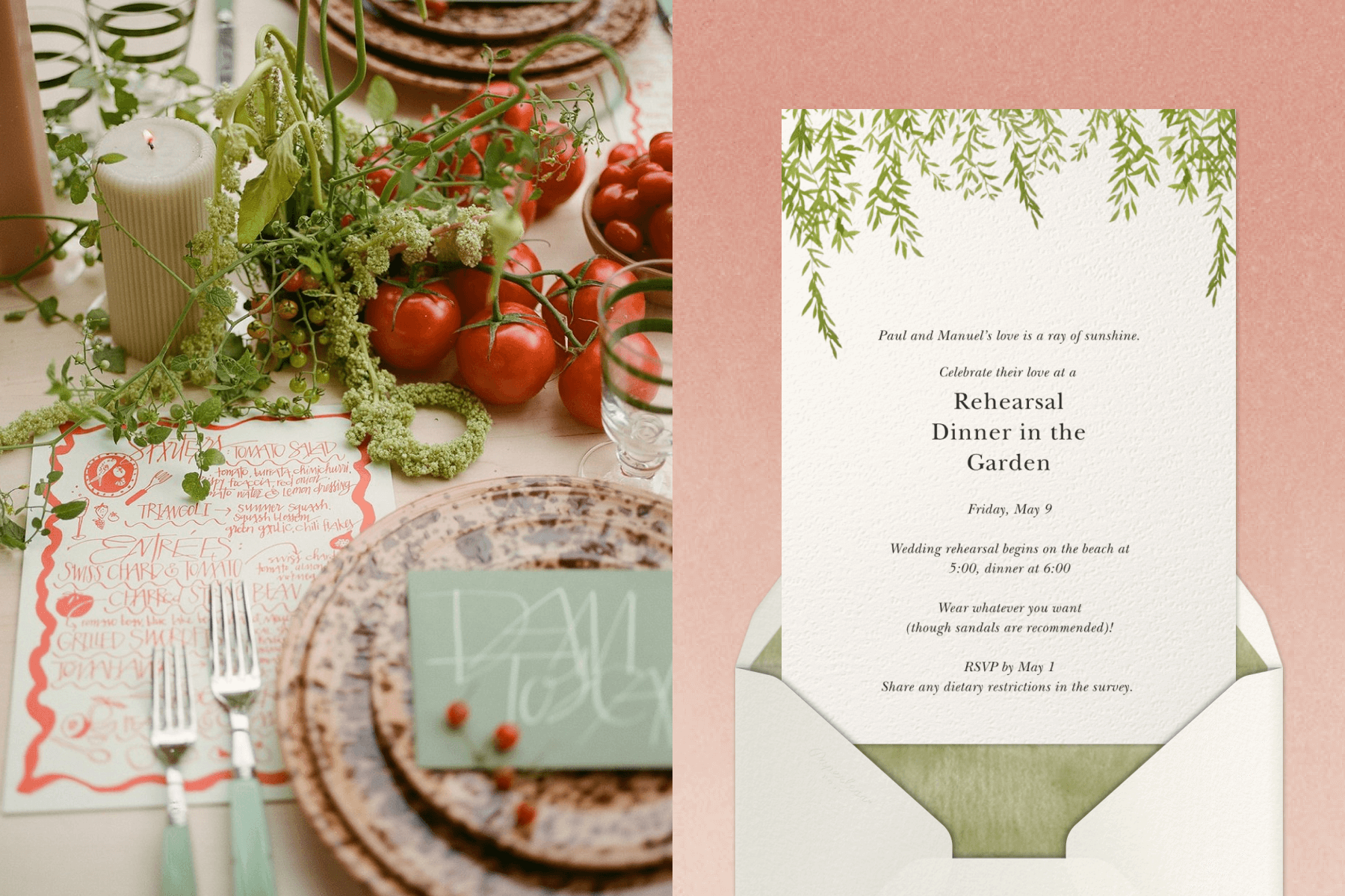Left: A garden-themed table setting with tomatoes as a centerpiece; Right: A rehearsal dinner invitation with delicate green leaves on the top