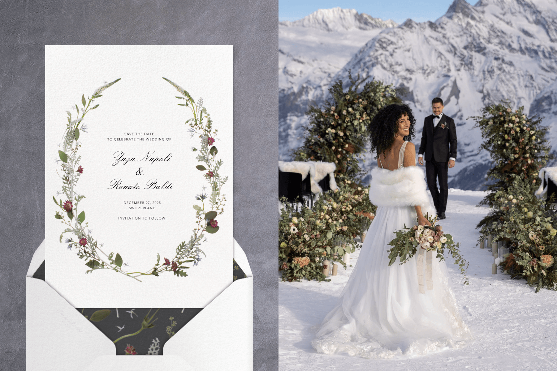 A save the date with a delicate floral wreath border; a bride and groom stand at a floral altar in a snowy mountain scene.