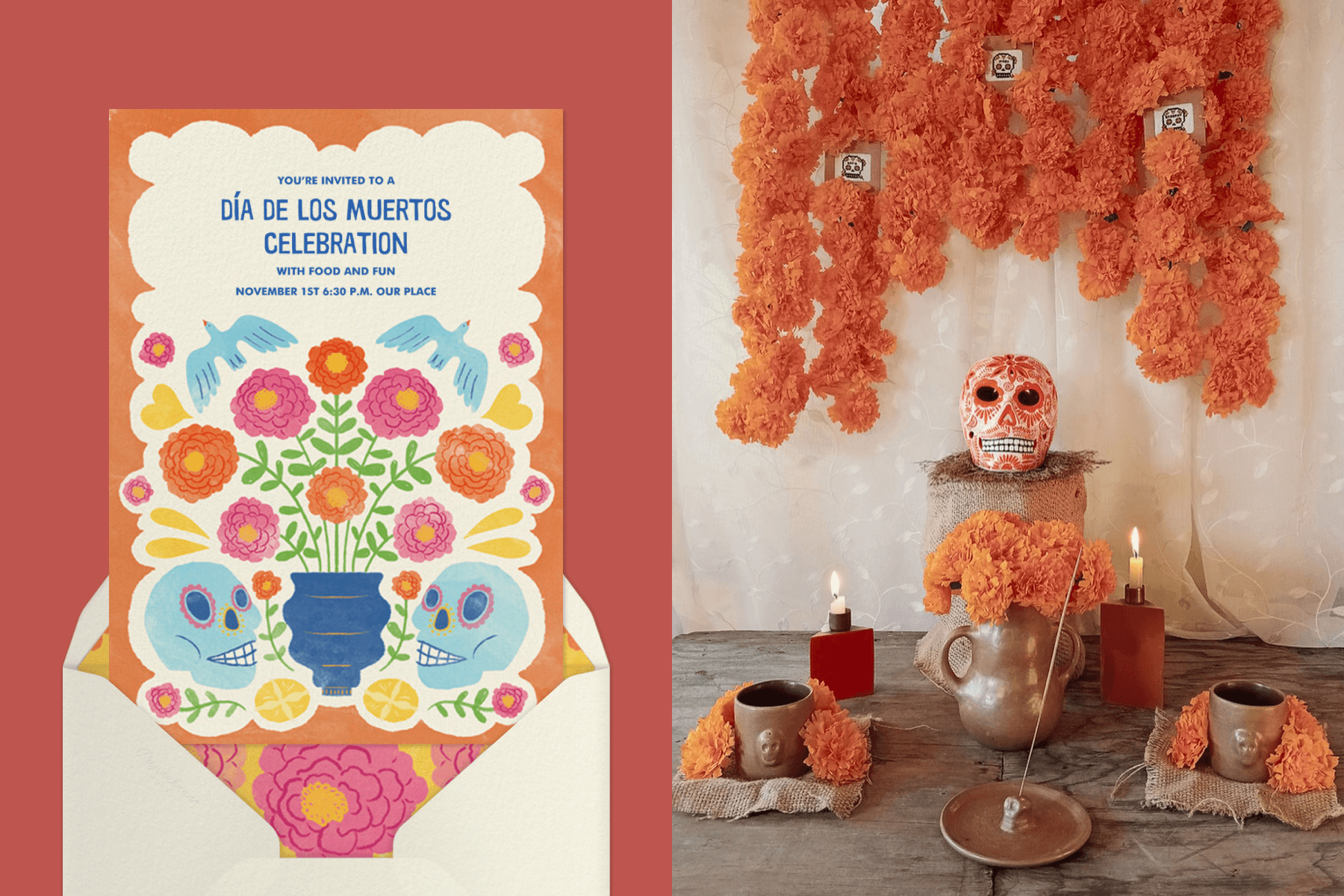 Left: A Dia de Muertos invitation with illustrations of marigolds, birds, and skulls; Right: A minimalist ofrenda with a skull on a stool, incense, and marigolds.