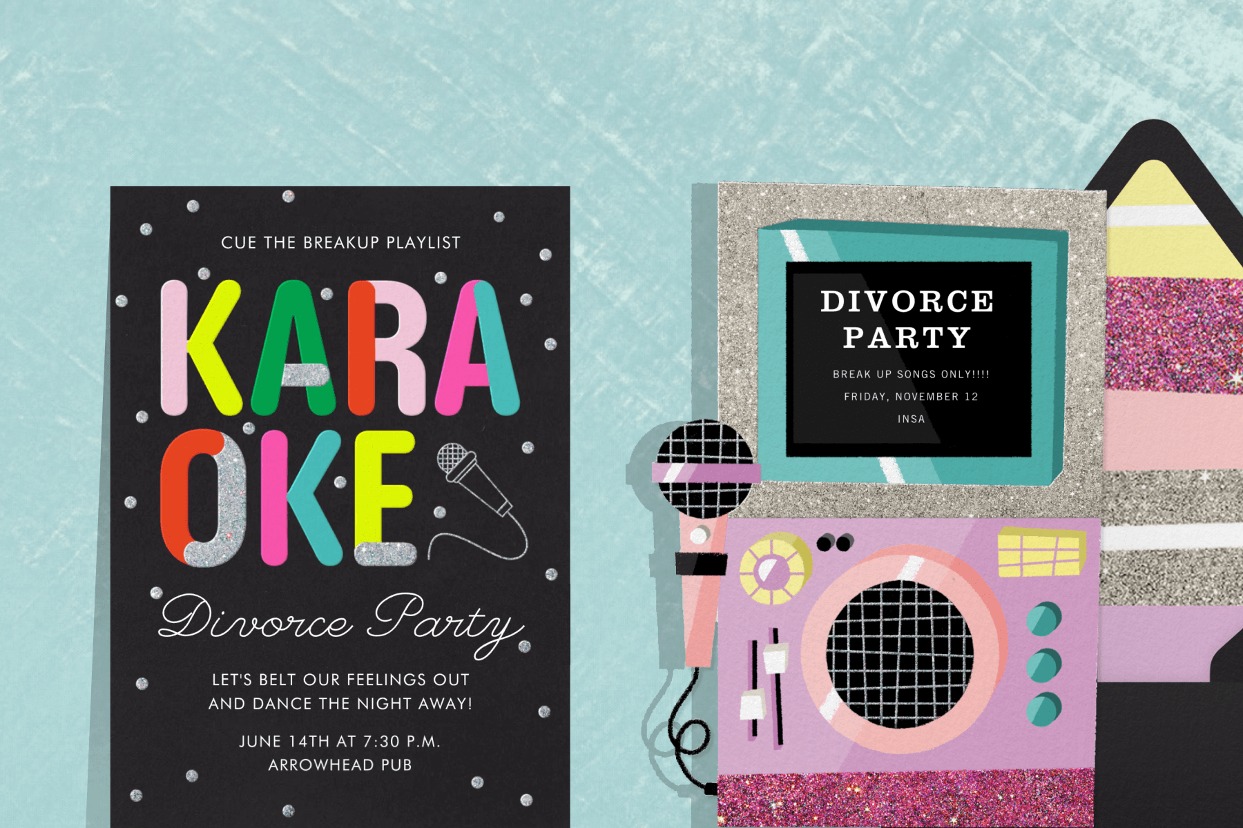 A blue textured background featuring two divorce party invitations, one with a black background and colorful text that reads ‘KARAOKE,’ another with a glitter boom box karaoke graphic paired with a black envelope and glitter striped envelope liner.