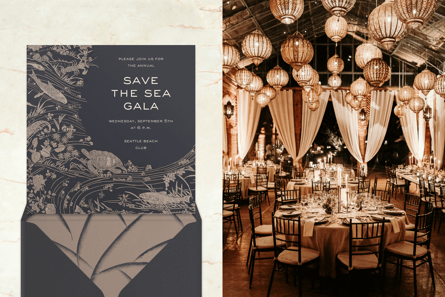 Left: A navy and beige underwater seascape is illustrated onto an invitation that reads “save the sea” gala with a matching illustrated envelope liner. Right: A venue is beautifully decorated with sparkling lanterns and draping curtains. Round tables are decorated with place settings, flowers, and candles.