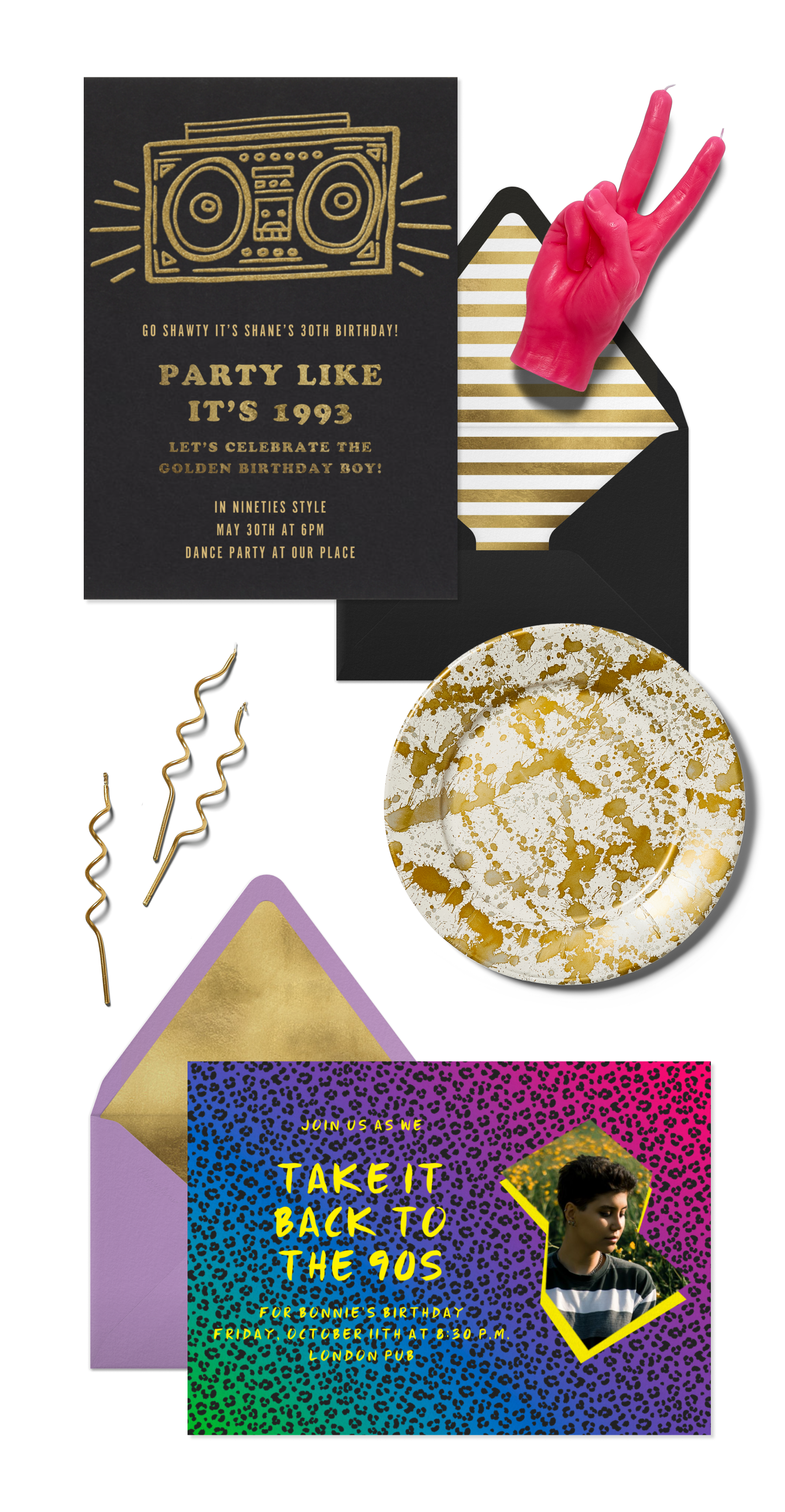 A gold starburst invitation; silver foil star and moon balloons; gold star plate and cake toppers; tassels, crystals and tarot cards.