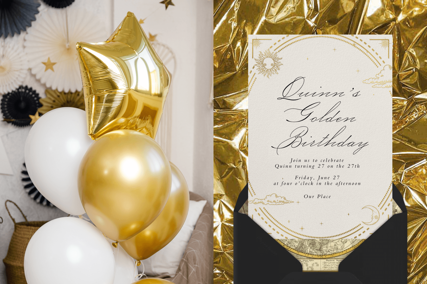 A bunch of gold and white round balloons with a gold star balloon, and gold, white, and black fan party decorations in the background; A cream invitation with black script that reads ‘Quinn’s Golden Birthday’ and gold celestial-themed illustrations, paired with a black envelope, gold celestial-themed envelope liner, and a shiny crinkled gold background.