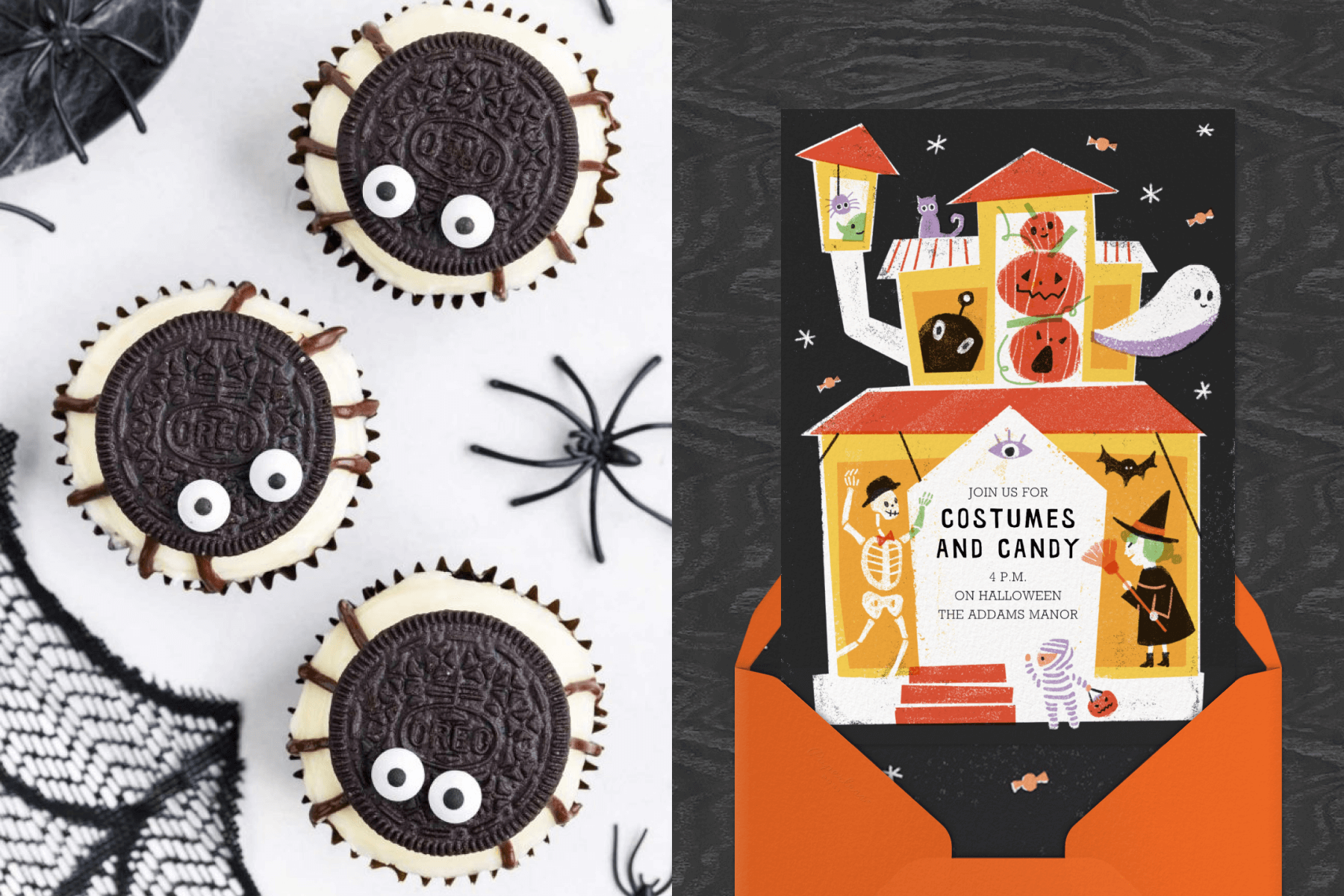 Left: “Spider” cupcakes with Oreo cookies atop white frosted chocolate cupcakes with eyes and legs drawn on. Right: A Halloween party invitation reads “Costumes and candy” with an illustration of a bright haunted house with friendly-looking skeletons, witches, jack-o-lanterns, and ghosts inside.