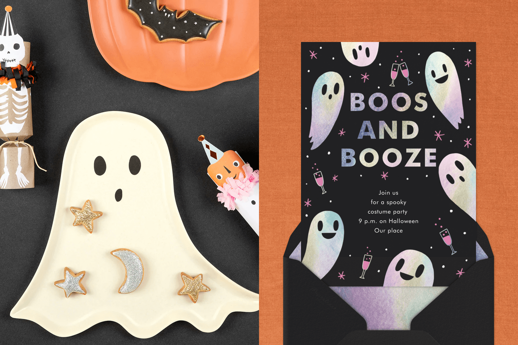 Left: A plate shaped like a ghost has moon and star-shaped cookies on it. Right: An invitation for Boos and Booze has friendly looking ghosts on a black background with pink stars and small Champagne glasses clinking.