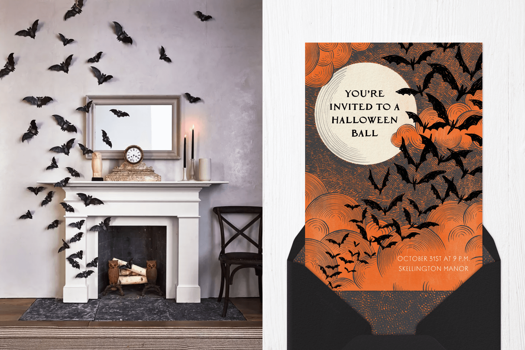 Left: A fireplace with a white mantel and mirror and clock over it appears to have a colony of bats flying from the fireplace. Right: An orange Halloween ball invitation shows a colony of bats flying up across ominous clouds and a full moon from the bottom left to top right.