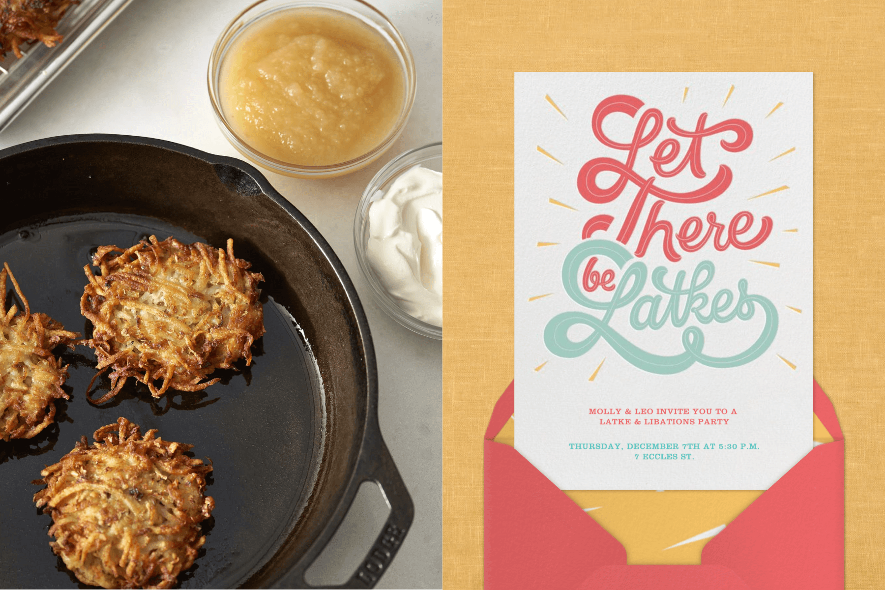Left: Latkes on a frying pan. Right: A white Hanukkah invitation and red envelope.