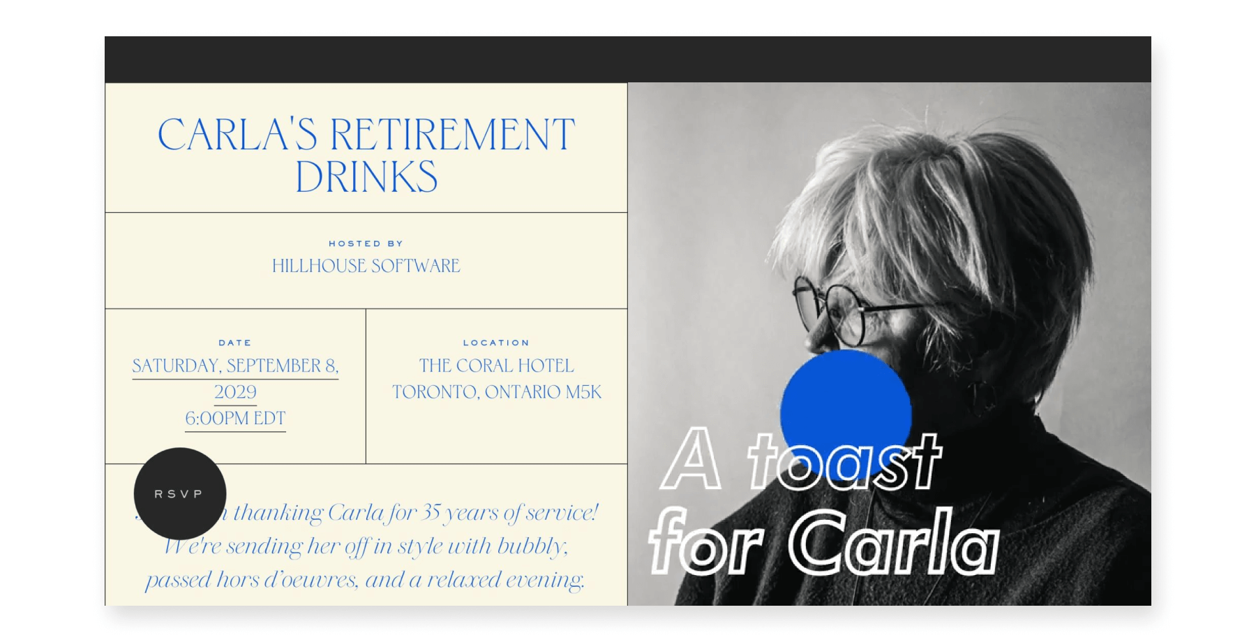 An online invite with a black and white photo of an older woman and the words A TOAST FOR CARLA with an animated bouncing blue dot.