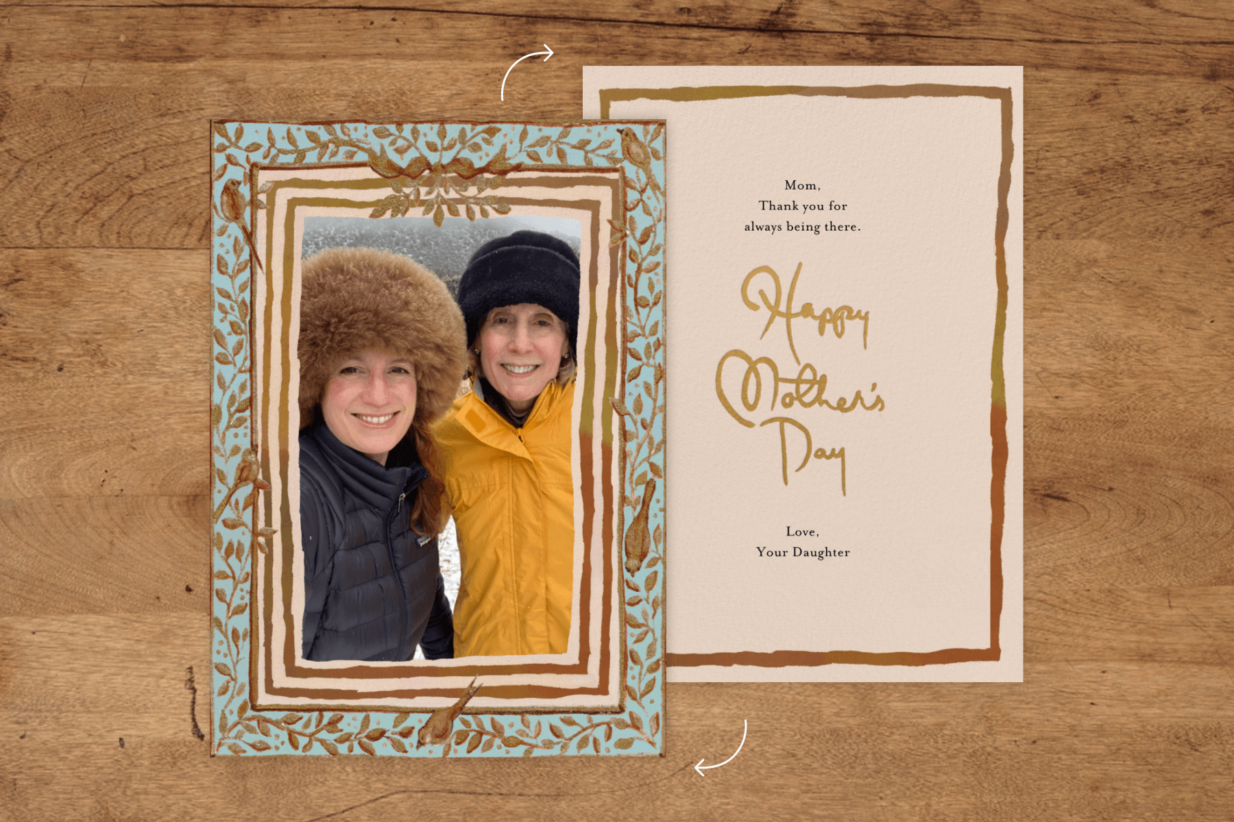 A Mother’s Day card with a color photo of Happy Menocal and her mother, Katharine Barnwell, in winter clothing in a light blue and gold frame border, as well as the reverse with a personal message.