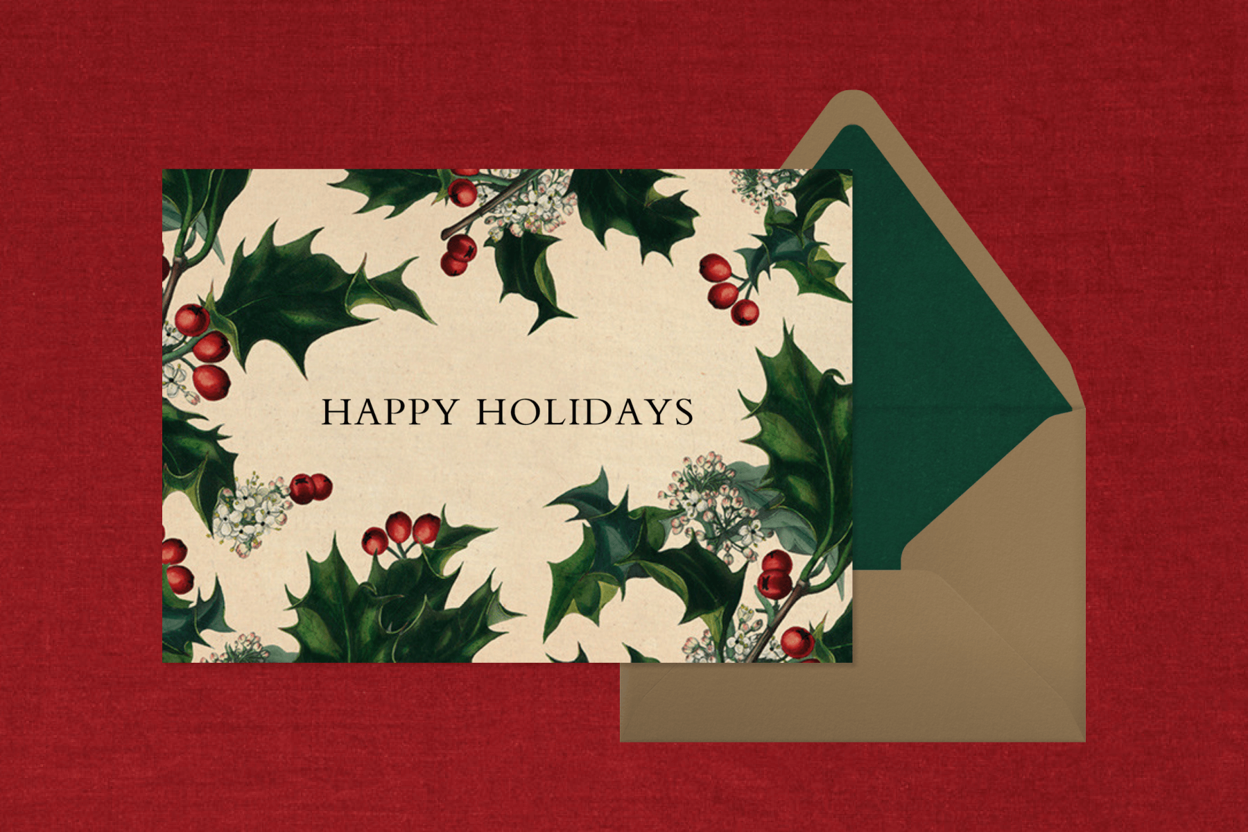 A card says “happy holidays” surrounded by realistic holly leaves and berries on a red backdrop.
