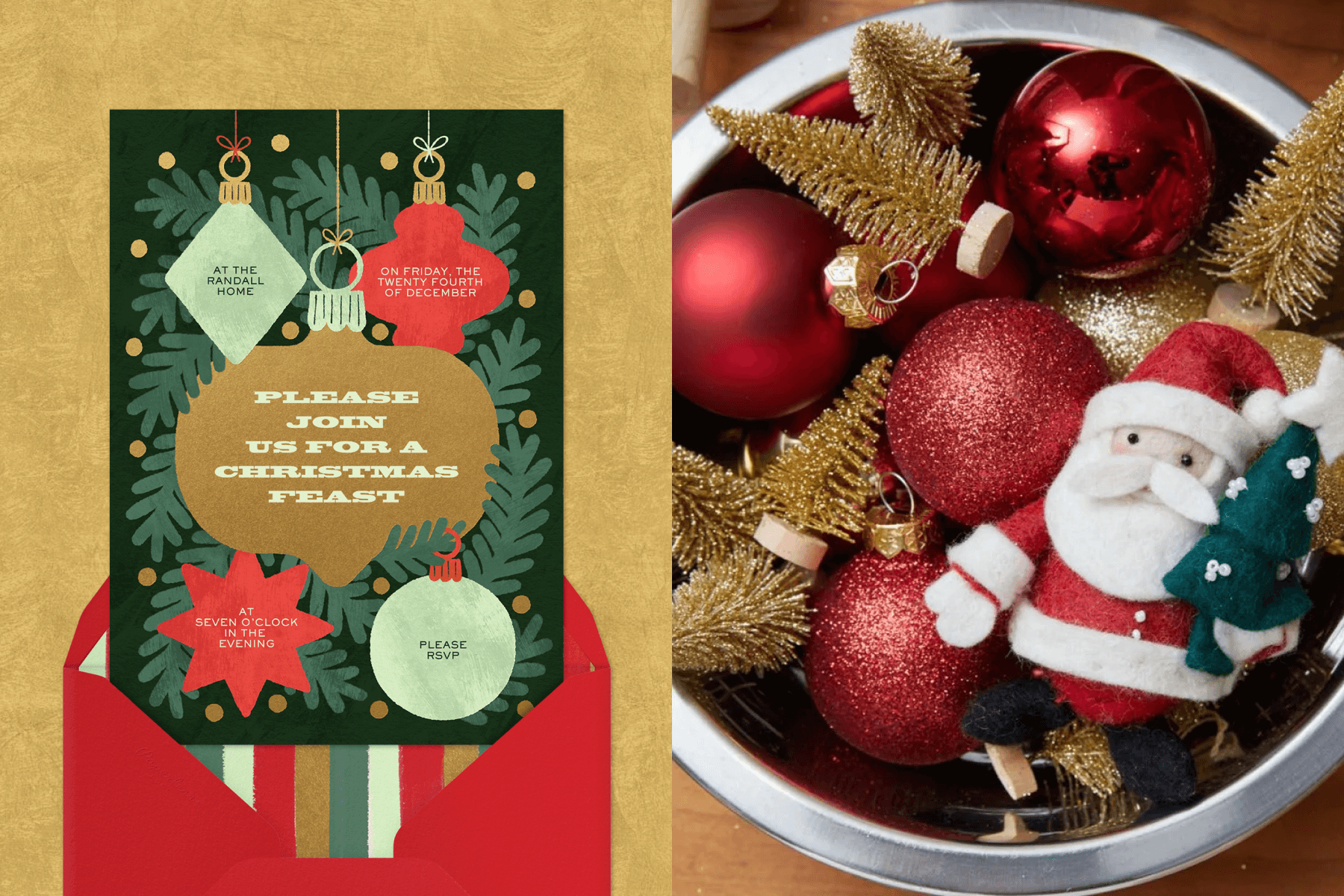 An invitation with simple retro Christmas tree ornaments in gold, silver, and red; a bowl of red ball and gold tree ornaments with a felted Santa-shaped ornament.