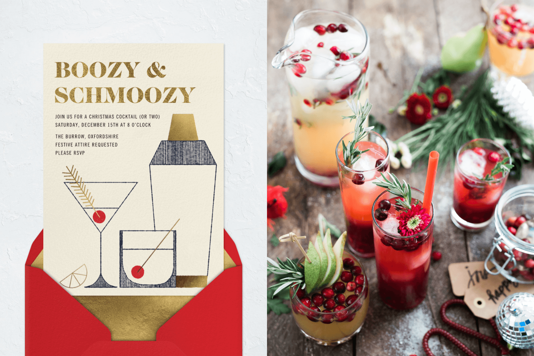 Left: A holiday invitation with a cocktail illustration; Right: A holiday cocktail scene.