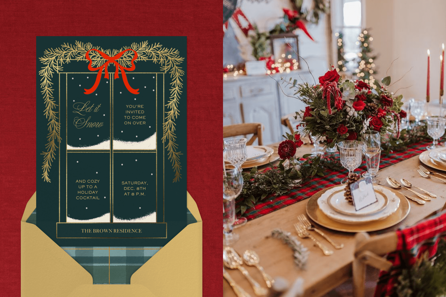 A green invitation has a window with snowy sills and a gold garland over it with a red bow; a table set with pine boughs and red and green plaid accents.