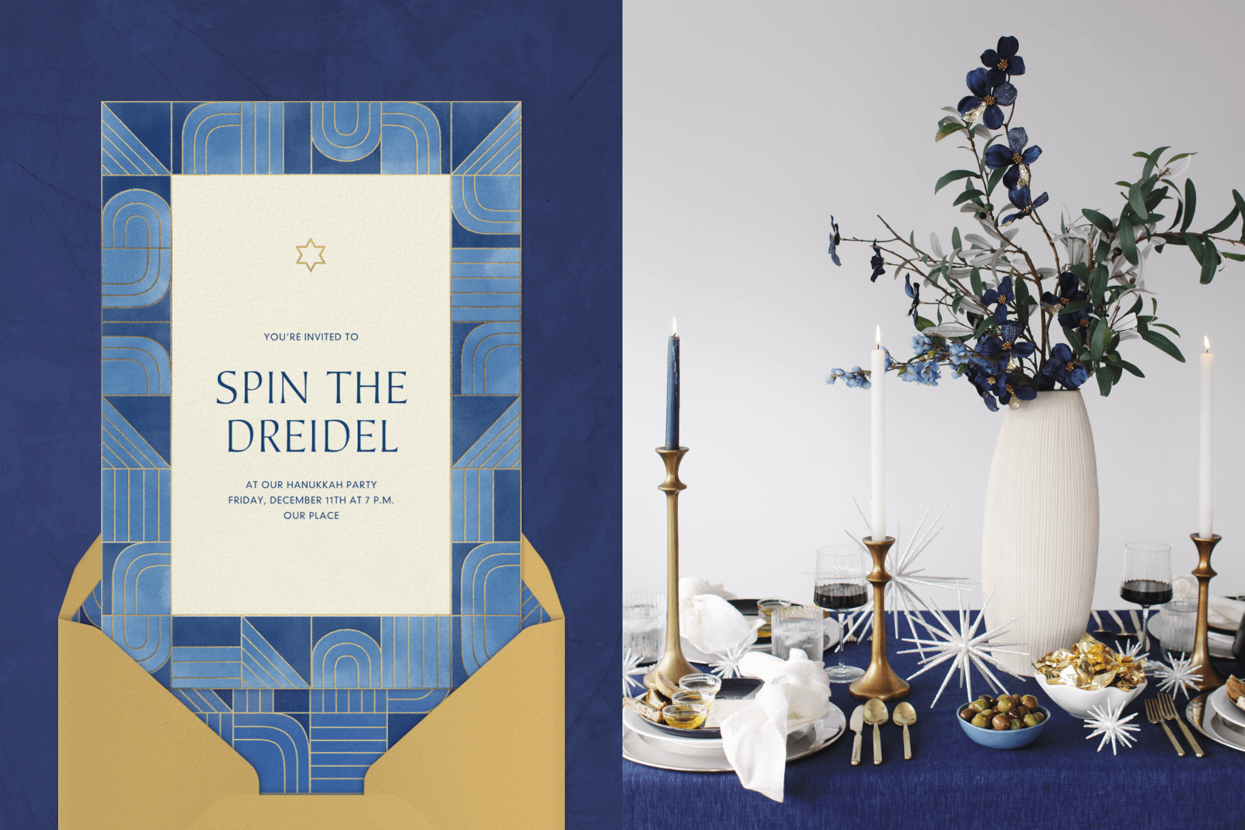 Left: A Hanukkah party invitation with a border of blue abstract shapes lined with gold and a small Jewish star in the center above a gold envelope. Right: On a navy tablecloth sits a white vase with blue flowers, blue and white taper candles in gold holders, and finger food.