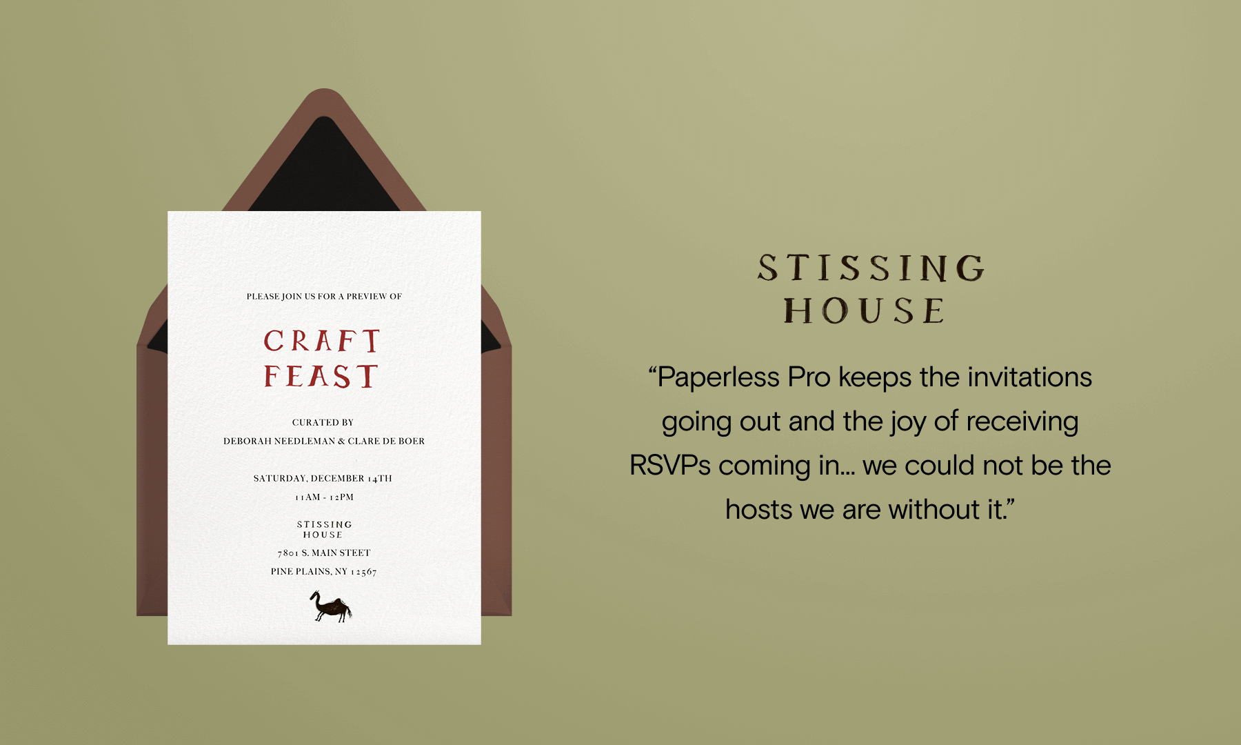 A plain white invitation labeled “CRAFT FEAST” with a quote from Stissing House reading, “Paperless Pro keeps the invitations going out and the joy of receiving RSVPs coming in... we could not be the hosts we are without it.”