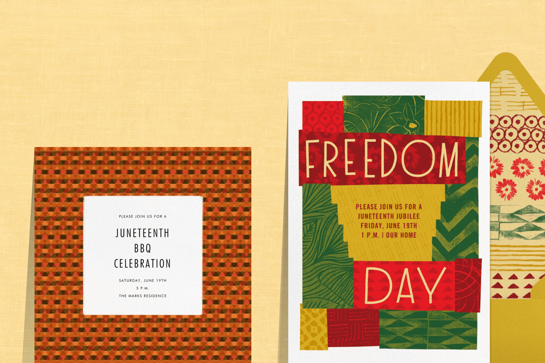 Left: An orange Juneteenth BBQ invitation with a geometric fractal pattern against a textured yellow backdrop. Right: A red, green, and yellow Juneteenth jubilee invitation with text that reads, ‘Freedom Day’ atop a mustard yellow envelope with a multiple-shape-patterned interior against a textured yellow backdrop.