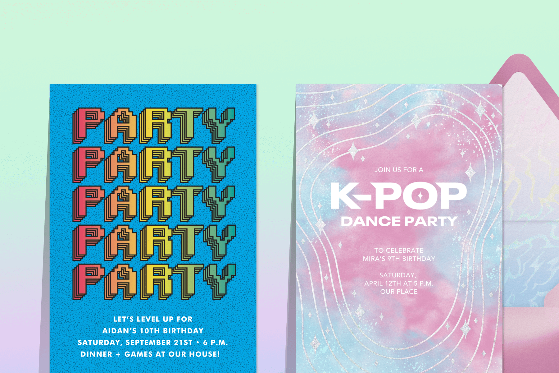 Two invitations for birthday parties on a green and purple gradient background: on the left, a blue invitation for a gaming party; On the right, a pink and blue invitation for a K-Pop dance party. 