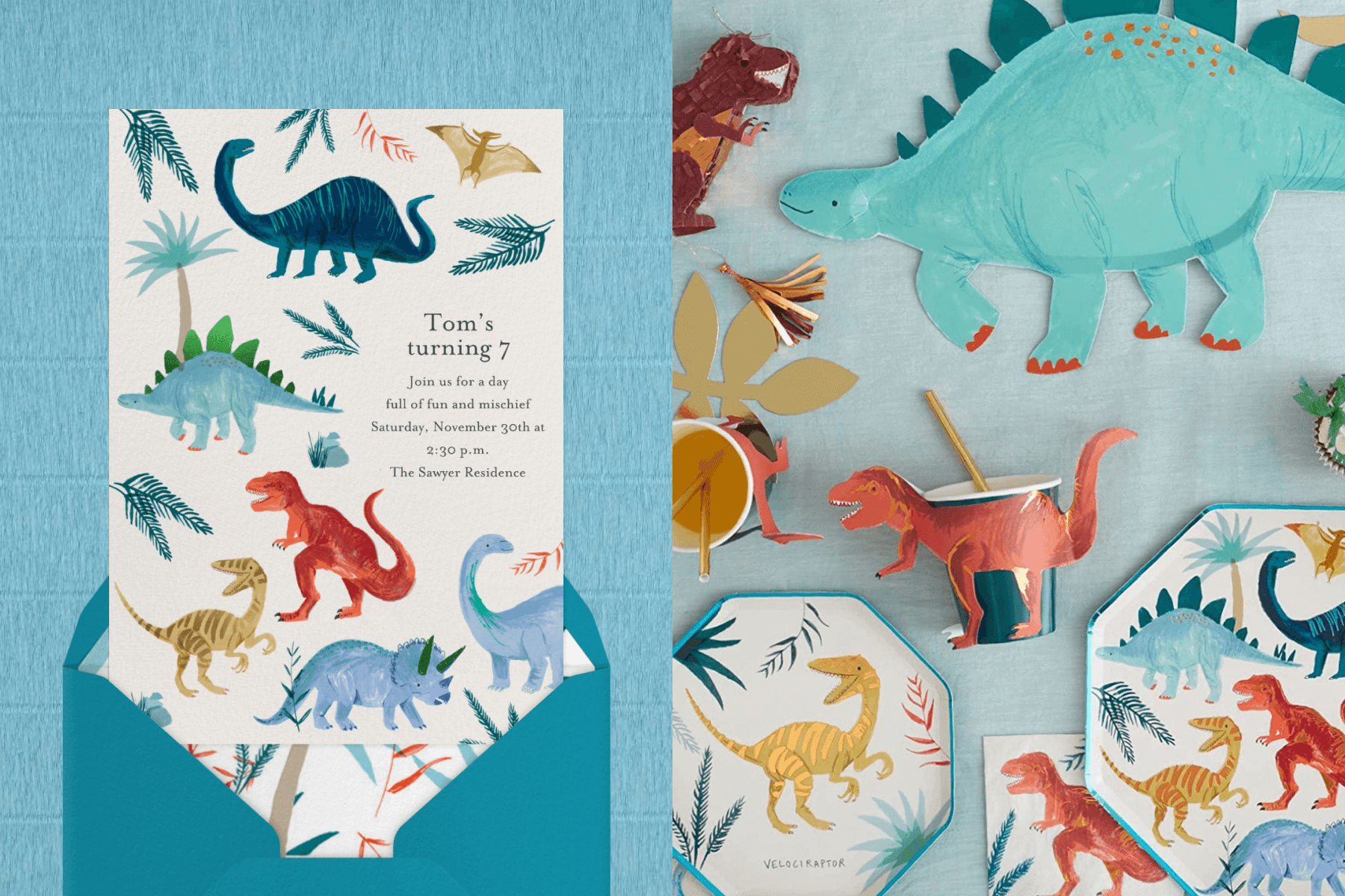 An invitation with colorful dinosaurs; dinosaur-shaped paper plates and party cups.