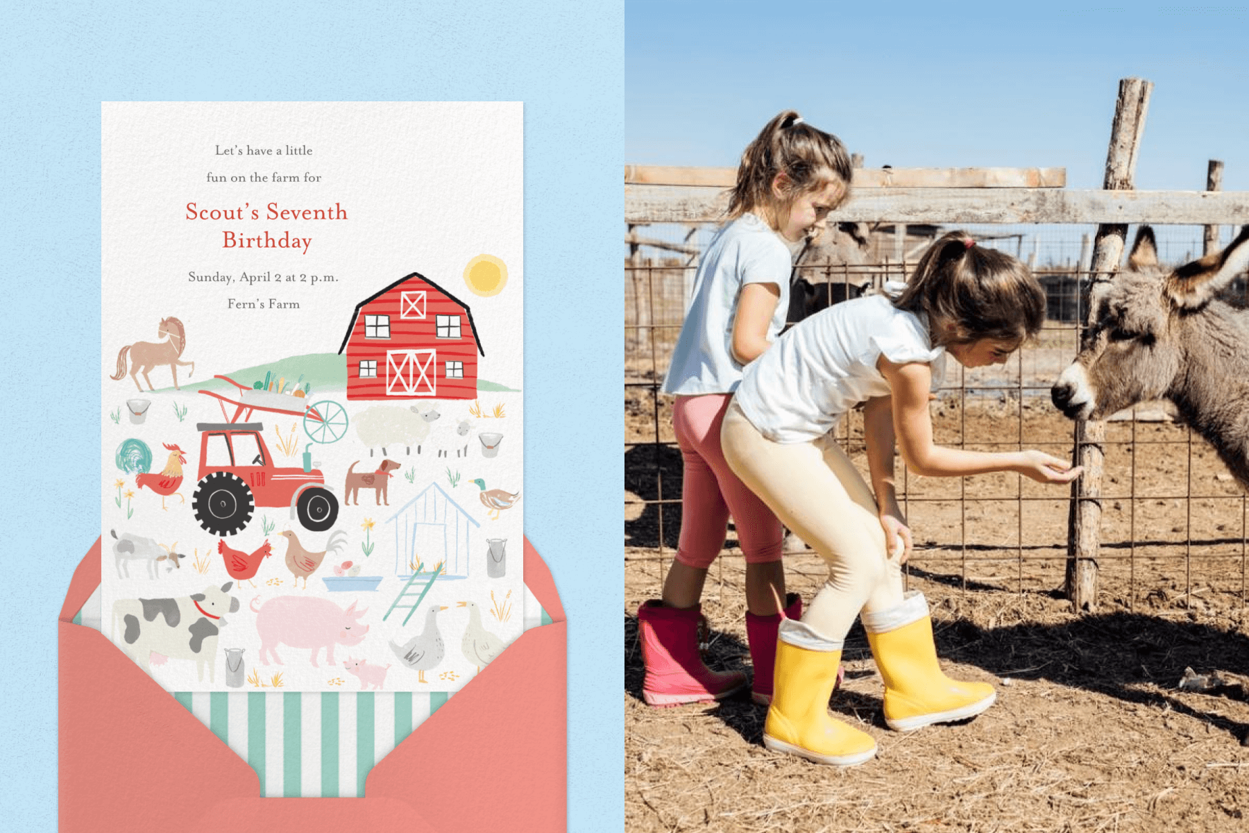 An invitation shows farm animals and a red barn; two young girls feed a small donkey on a farm.