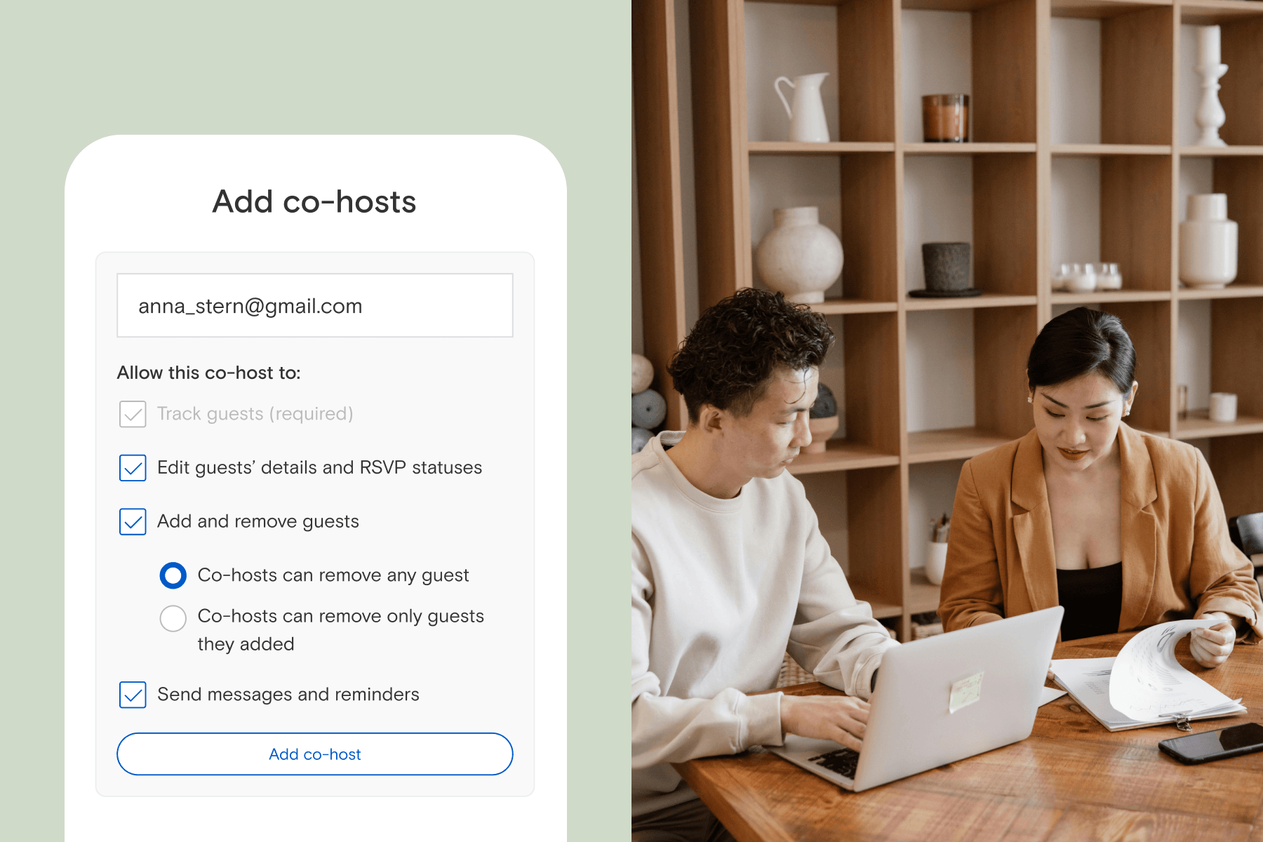 Alt text: Left: UI icon detailing how to add a co-host to an invitation against a light green backdrop. Right: A man and a woman looking over details via computer and paperwork.