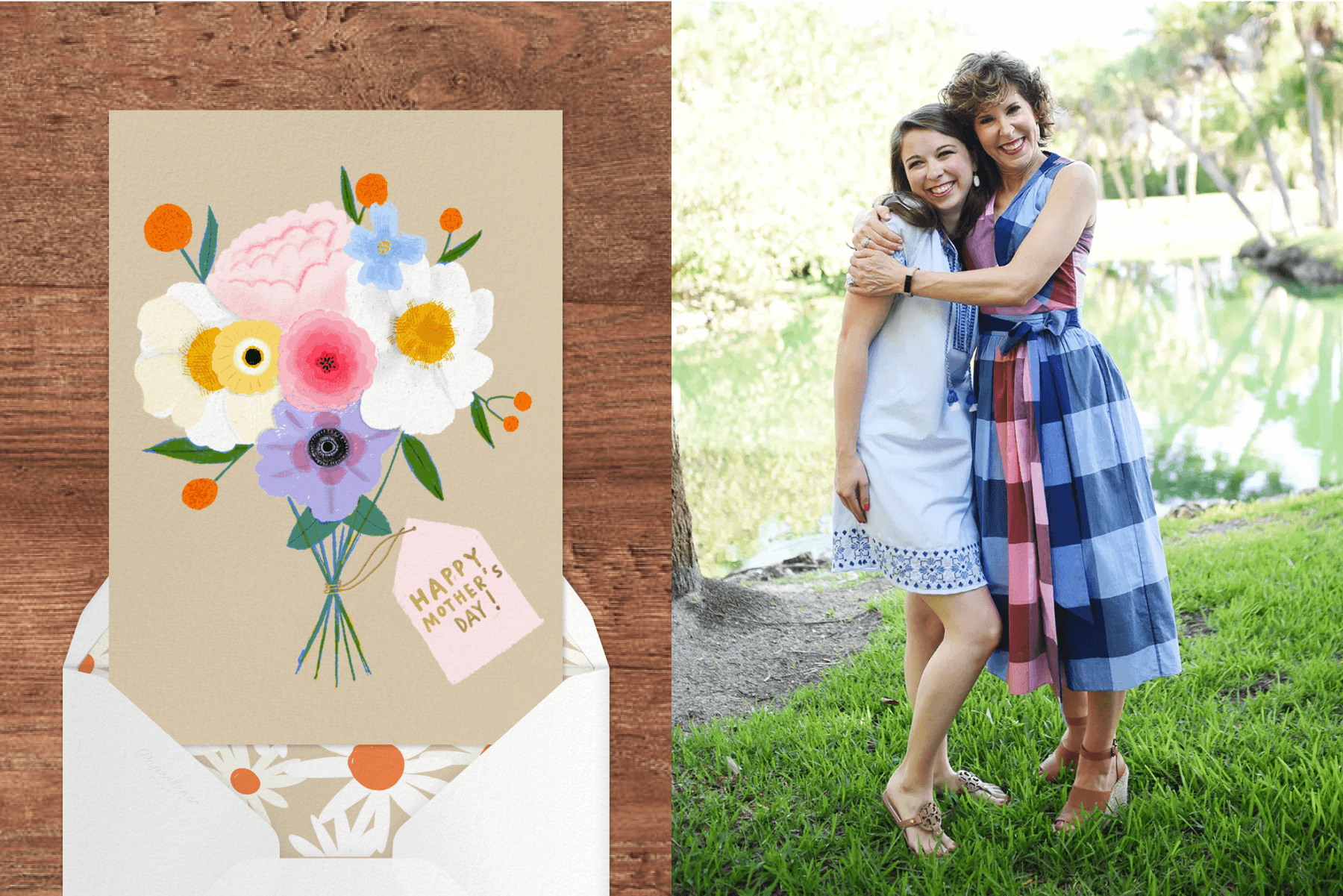 A card with an illustrated bouquet of flowers and a tag that says ‘Happy Mother’s Day!;’ a younger and older woman pose together outdoors.