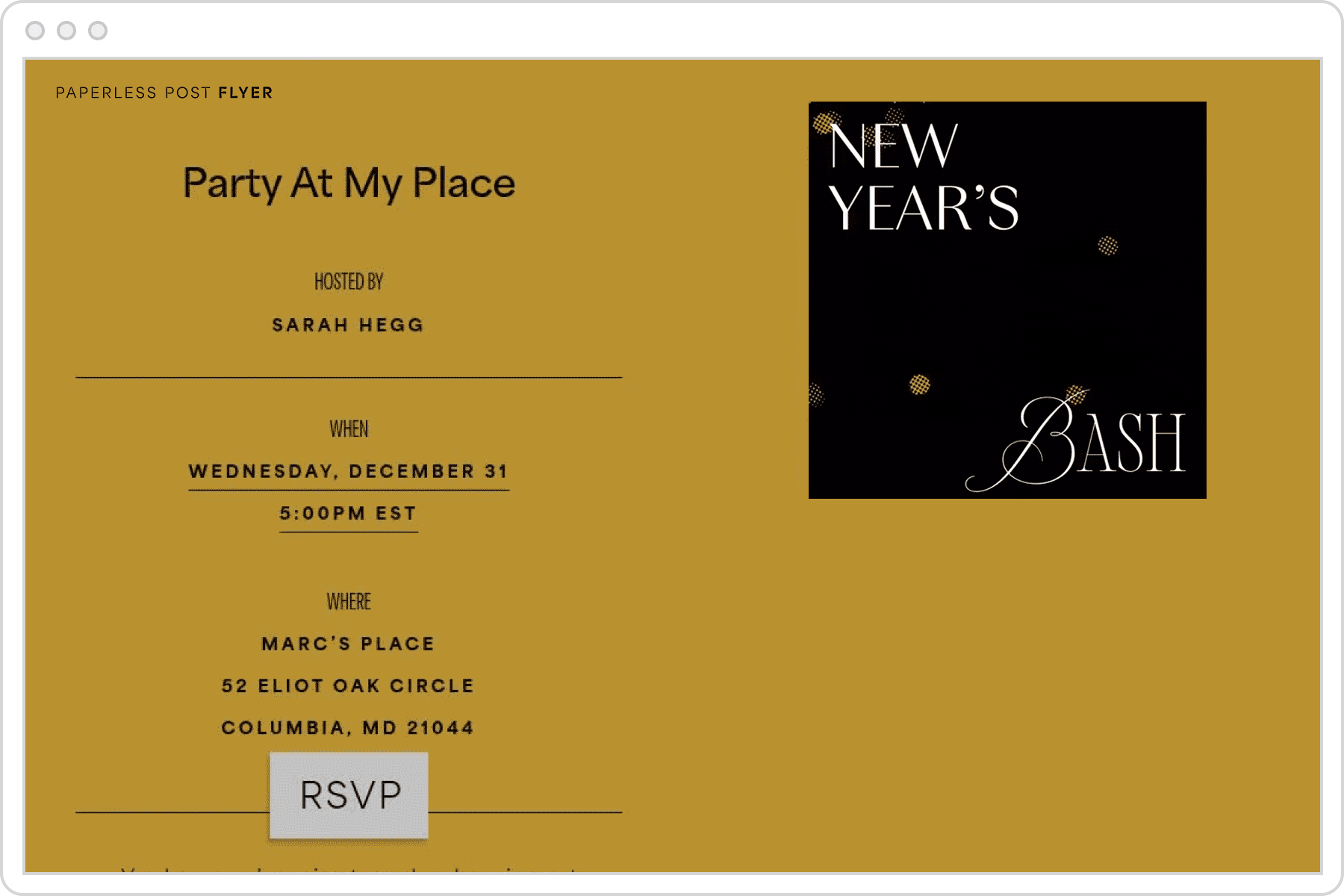 A digital invitation page for a New Year’s Eve party featuring a dark yellow background and an animated image with exploding gold fireworks and text that reads ‘New Year’s Bash’
