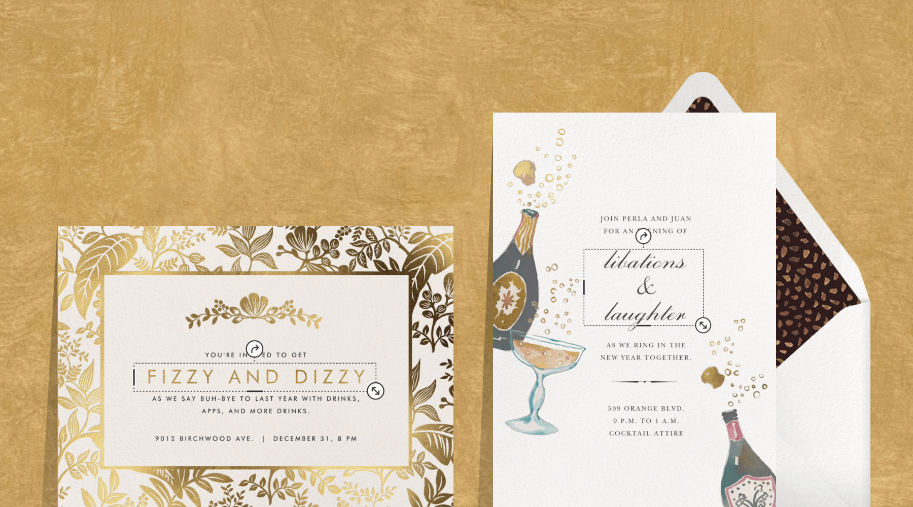 A gold and white invitation with ornate gold greenery on the border; an invitation with watercolors of Champagne bottles and coupe glasses. 