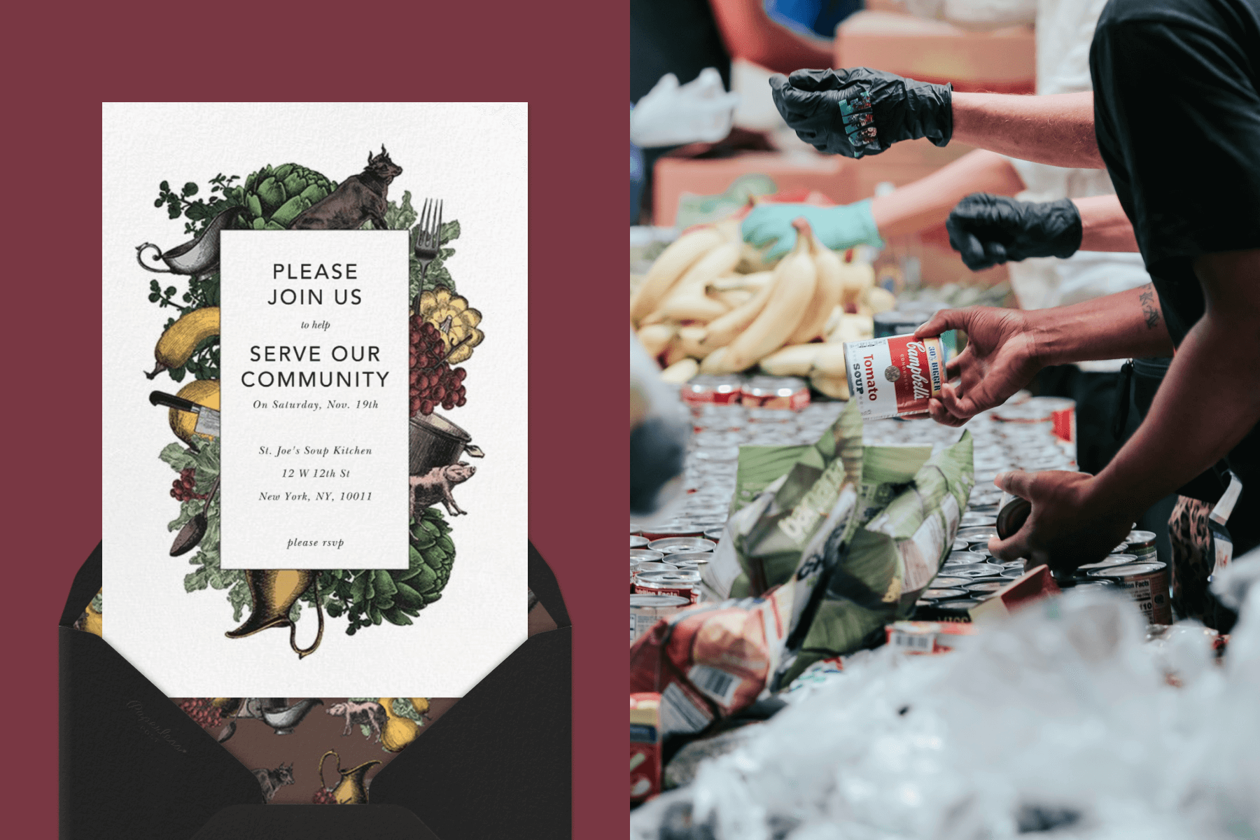 Left: An invitation reads “Please join us to help serve our community” with a collaged border of “farm-to-table” items including livestock, vegetables, and serveware. Right: People appear to handle cans of soup and fruit at a soup kitchen donation center.