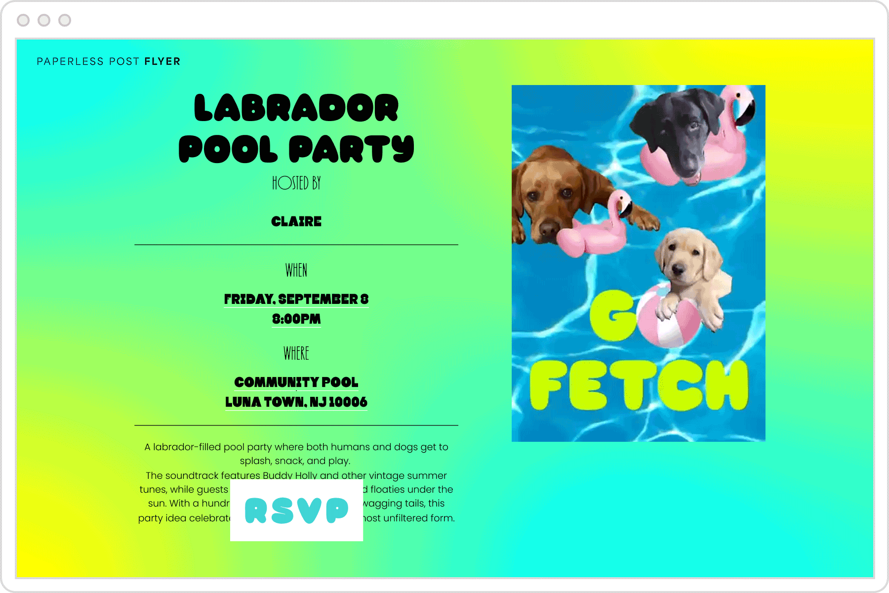 A digital invitation template for a dog-themed pool party featuring a green and yellow ombre background and an animated image of dogs in a pool with text overlay that reads ‘go fetch’