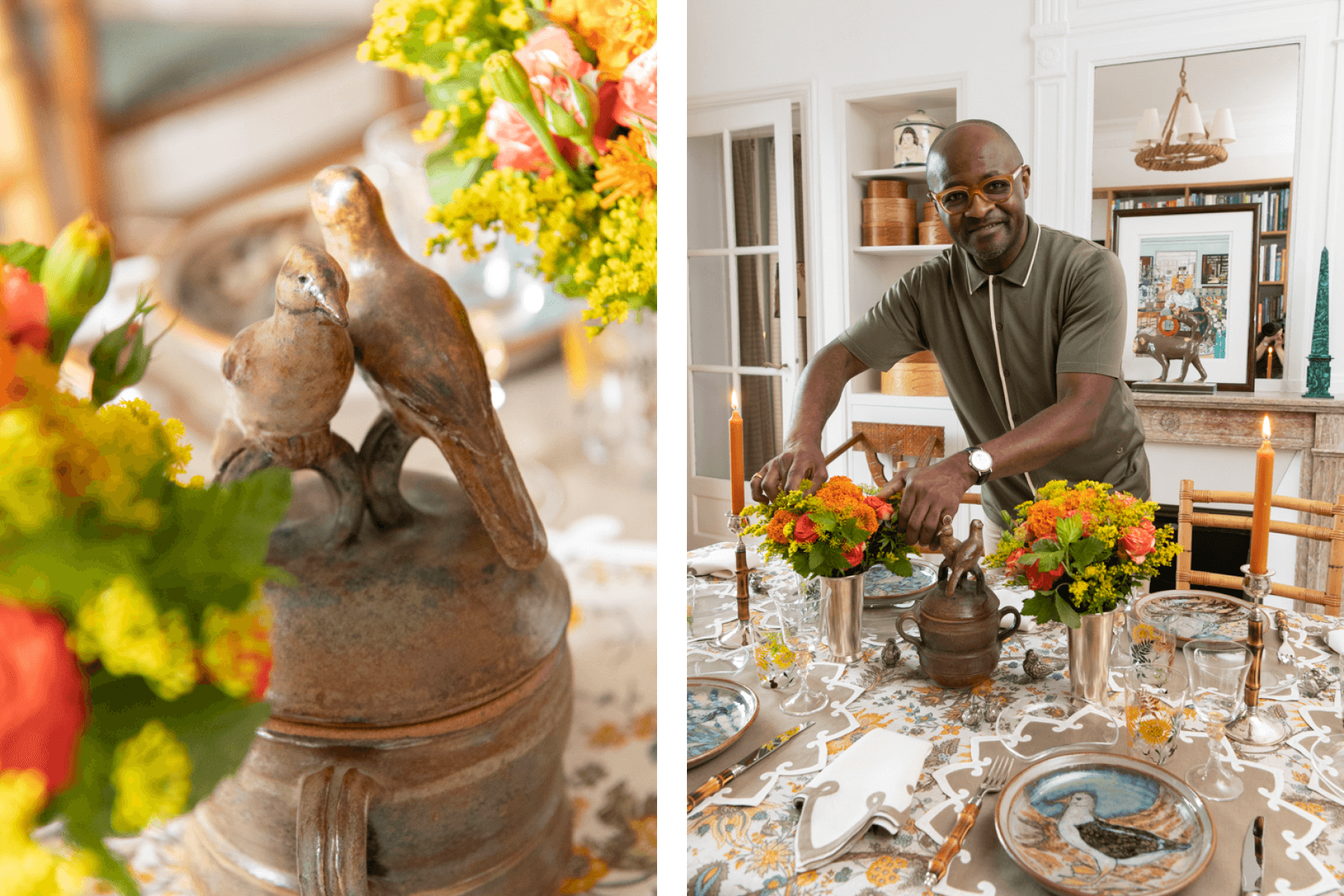 Left: Ceramic bird sculpture on a dinner table. Right: Man, Eric Goujou, adds finishing touches to a fall-themed dinner table setting. 