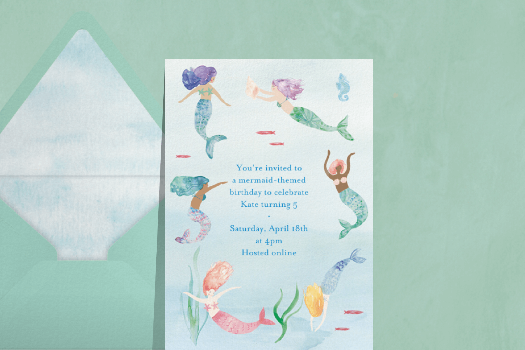 A kids’ birthday party invitation featuring mermaids of all colors.