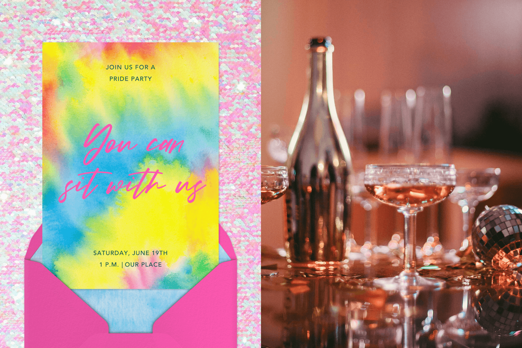 A tie-dye invitation for a Pride party with pink cursive text reading ‘YOU CAN SIT WITH US’; A bar topped with cocktail glasses, a silver bottle, and disco balls.