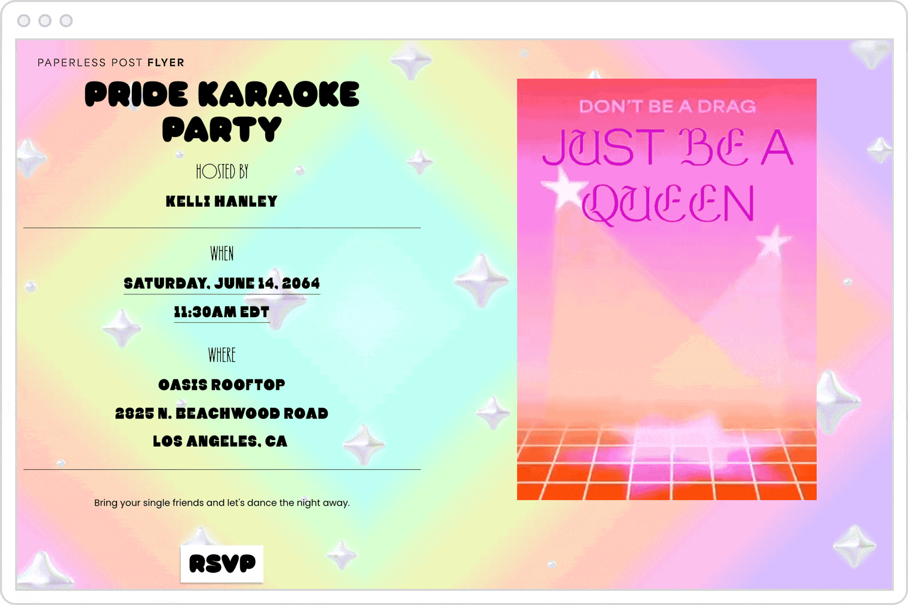 A rainbow-colored Pride Party Karaoke event Flyer with the words, ‘Don’t be a drag, just be a queen’ written on an empty dance floor with star-shaped lights.