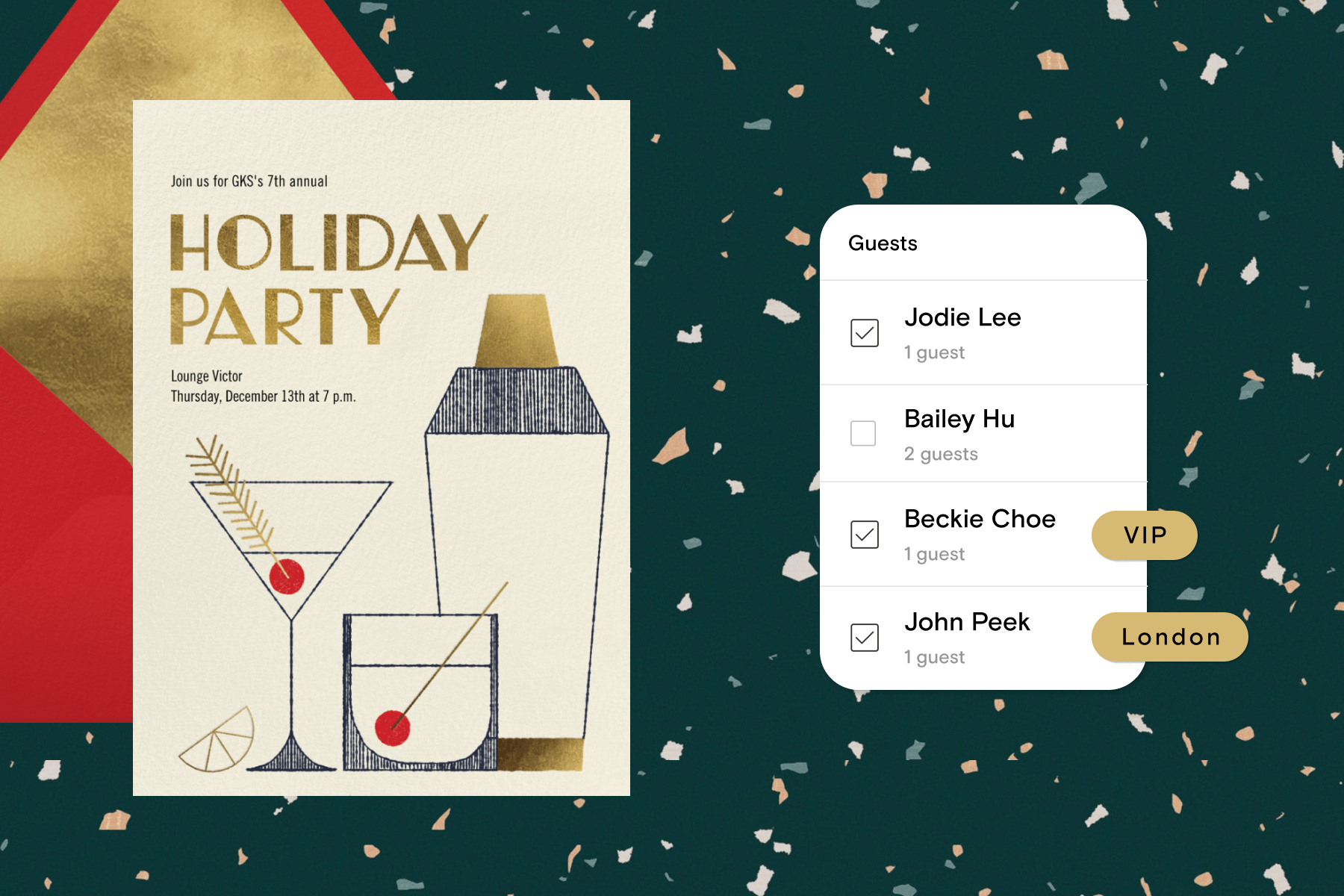 A graphic holiday party invitation with cocktail glasses and shaker next to an illustration of Paperless Post’s Guest Tags feature.