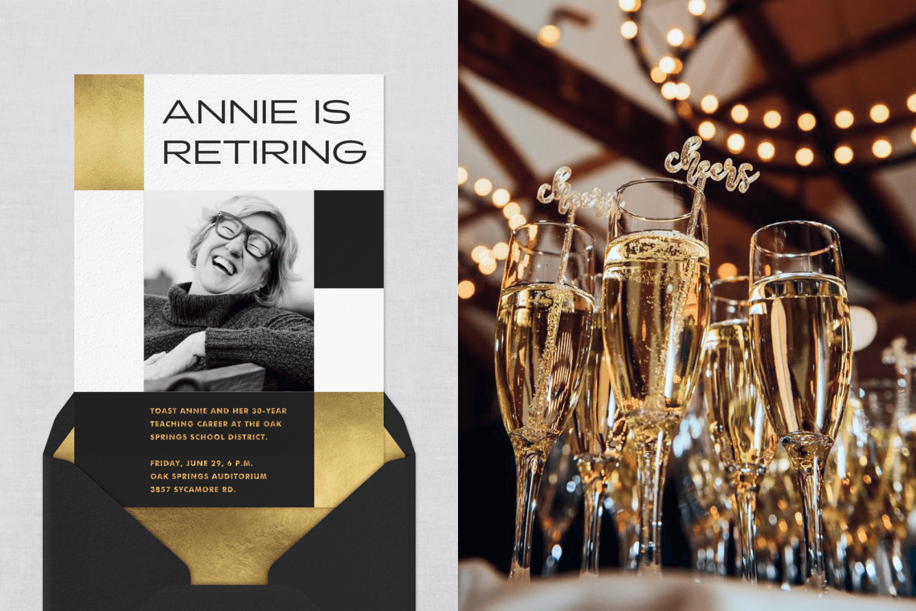 An invitation with a black and white photo of a woman and black and gold squares reads ‘Annie is retiring’; Champagne flutes with garnish sticks that read ‘cheers.’