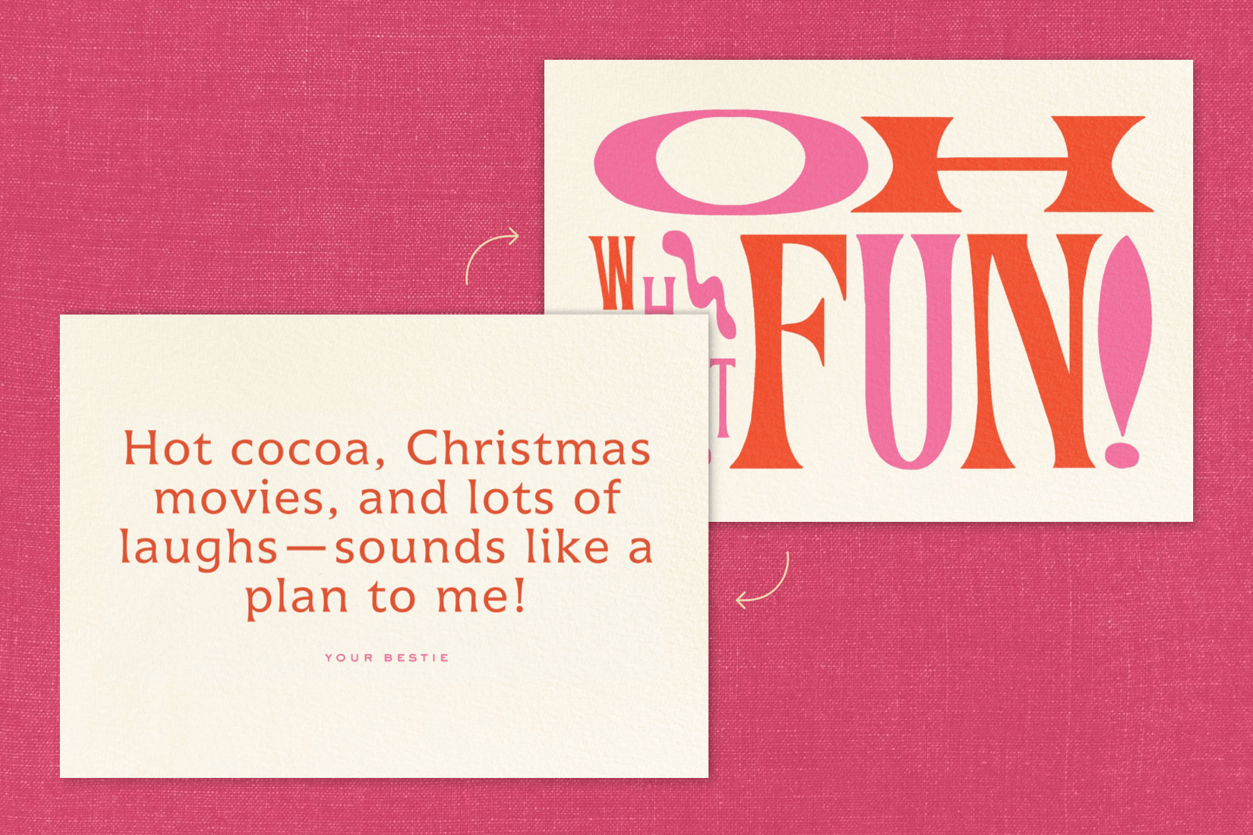 A card reads “OH WHAT FUN!” in pink and orange block letters, while the reverse reads “Season’s greetings to you and yours!”