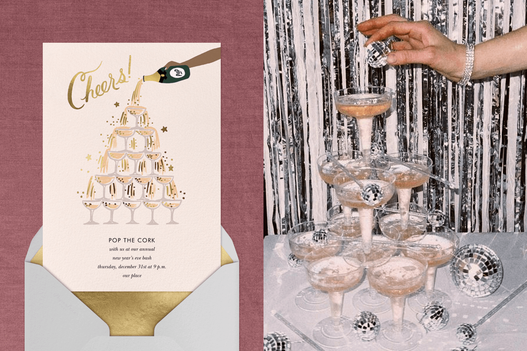 An invitation shows an arm pouring sparkling wine over a tower of coupe glasses; a hand holds a small disco ball over a Champagne tower with silver streamers in the background. 