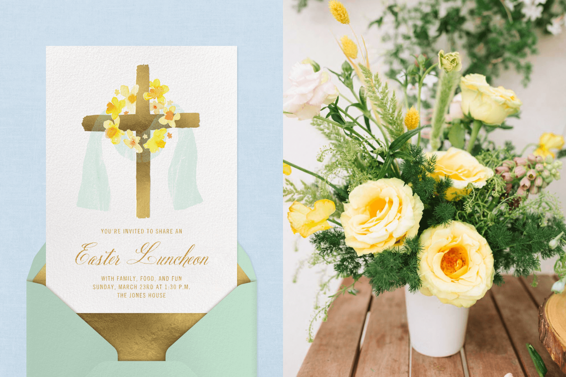 Left: An Easter invitation with an illustration of a cross with wreath; Right: a yellow bouquet.
