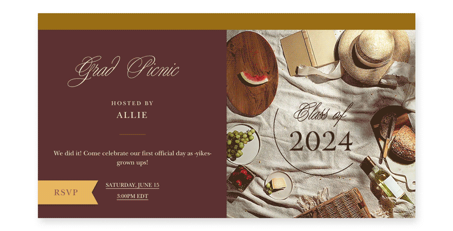 burgundy and gold online invite with an animation of a picnic laid out with watermelon and grapes and the words ‘CLASS OF 2024'