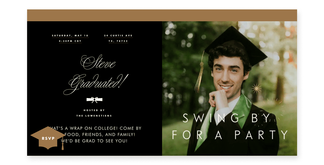 A black and gold online invite with a photo of a young man in graduation attire with an animated swinging tassel and the words ‘swing by for a party'