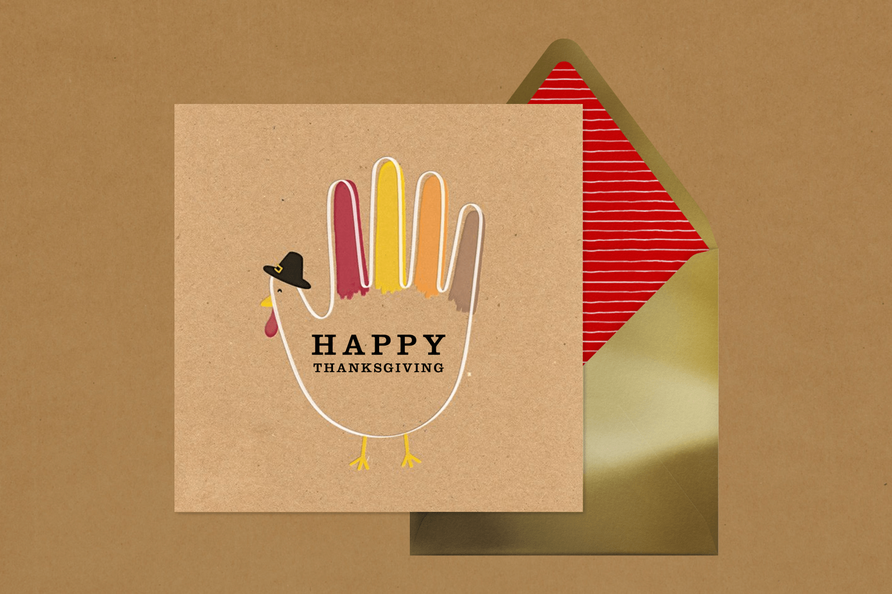 A square Thanksgiving card with an illustration of a turkey shaped like a hand and the words “Happy Thanksgiving.”