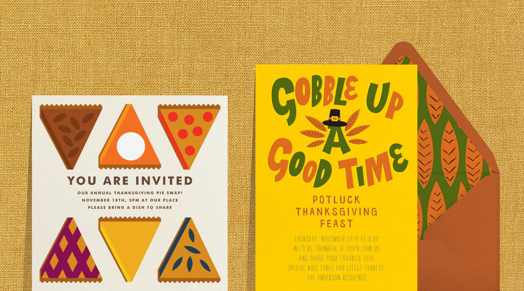 Two invitations on a yellow fabric background. On the left, a white card that reads “You are invited” to a pie swap with six simplified illustrations of autumnal pie slices. Right, a yellow invitation reads “gobble up a good time” with the “A” wearing a Pilgrim hat and turkey feathers beside a brown envelope with matching feather liner.