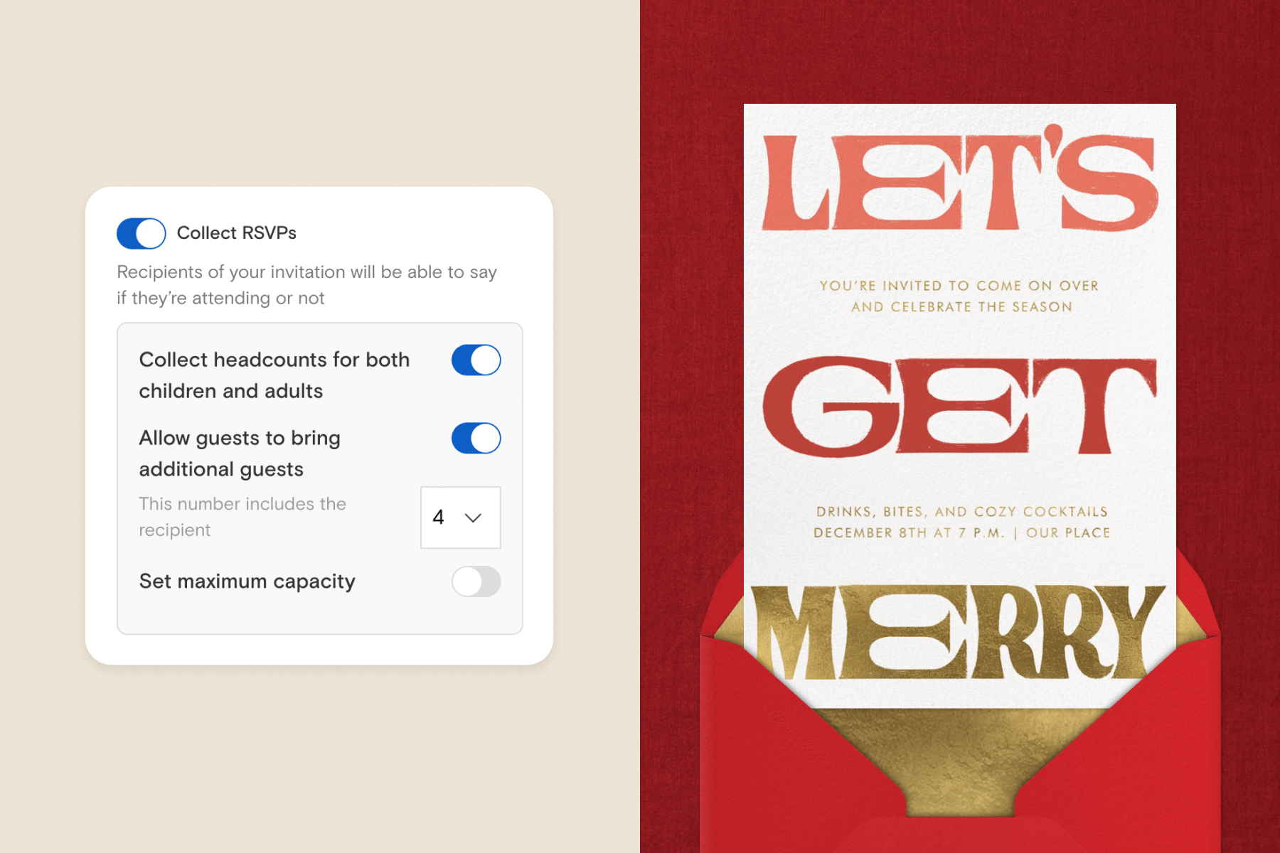 A screenshot shows options for collecting RSVPs with Paperless Post; an invitation reads “Let’s Get Merry” in large pink, red, and gold block letters. 