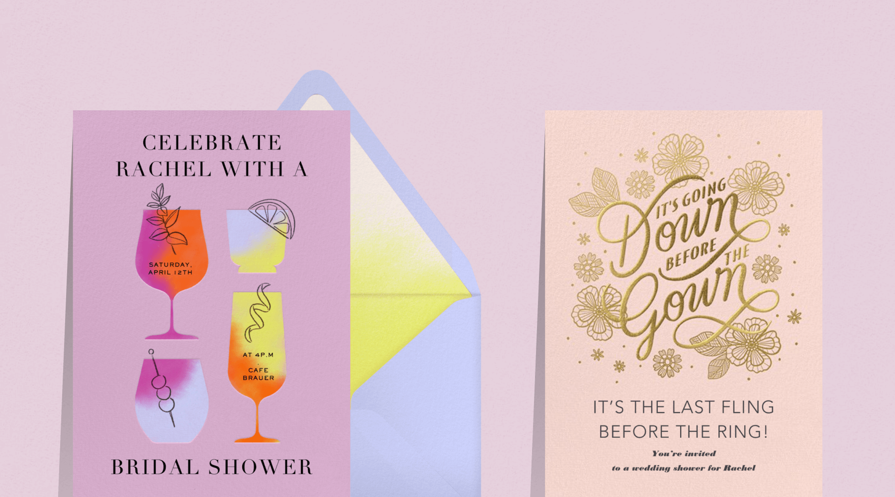 A purple bridal shower invitation with 4 colorful drink glasses and a lavender envelope; a pink wedding shower invitation says ‘it’s going down before the gown’ in floral gold script.