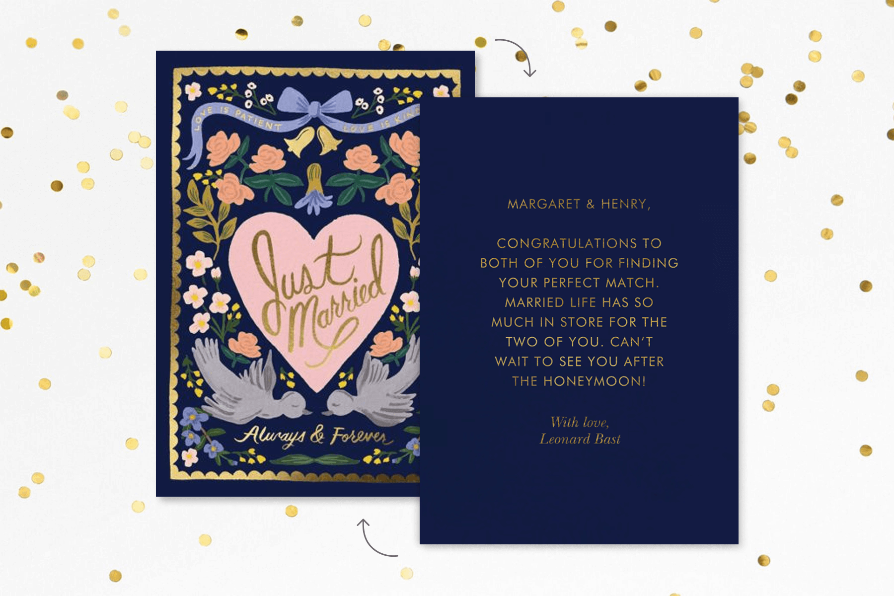 A navy blue wedding card featuring gold text, pastel illustrations, and script that reads ‘Just married’ on a white background with gold confetti.